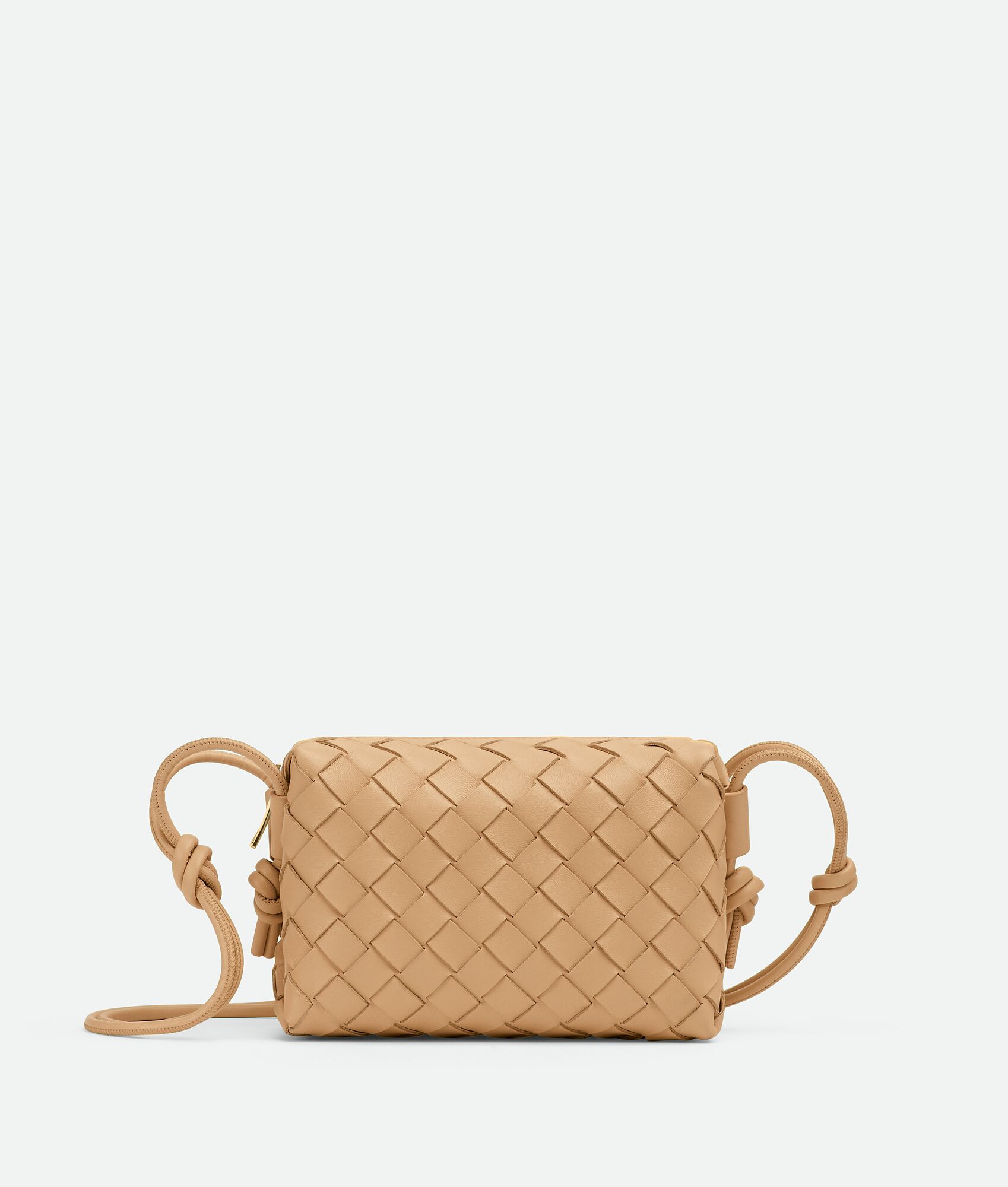 Bottega Mini Loop Camera Bag in Almond. Shop online now.