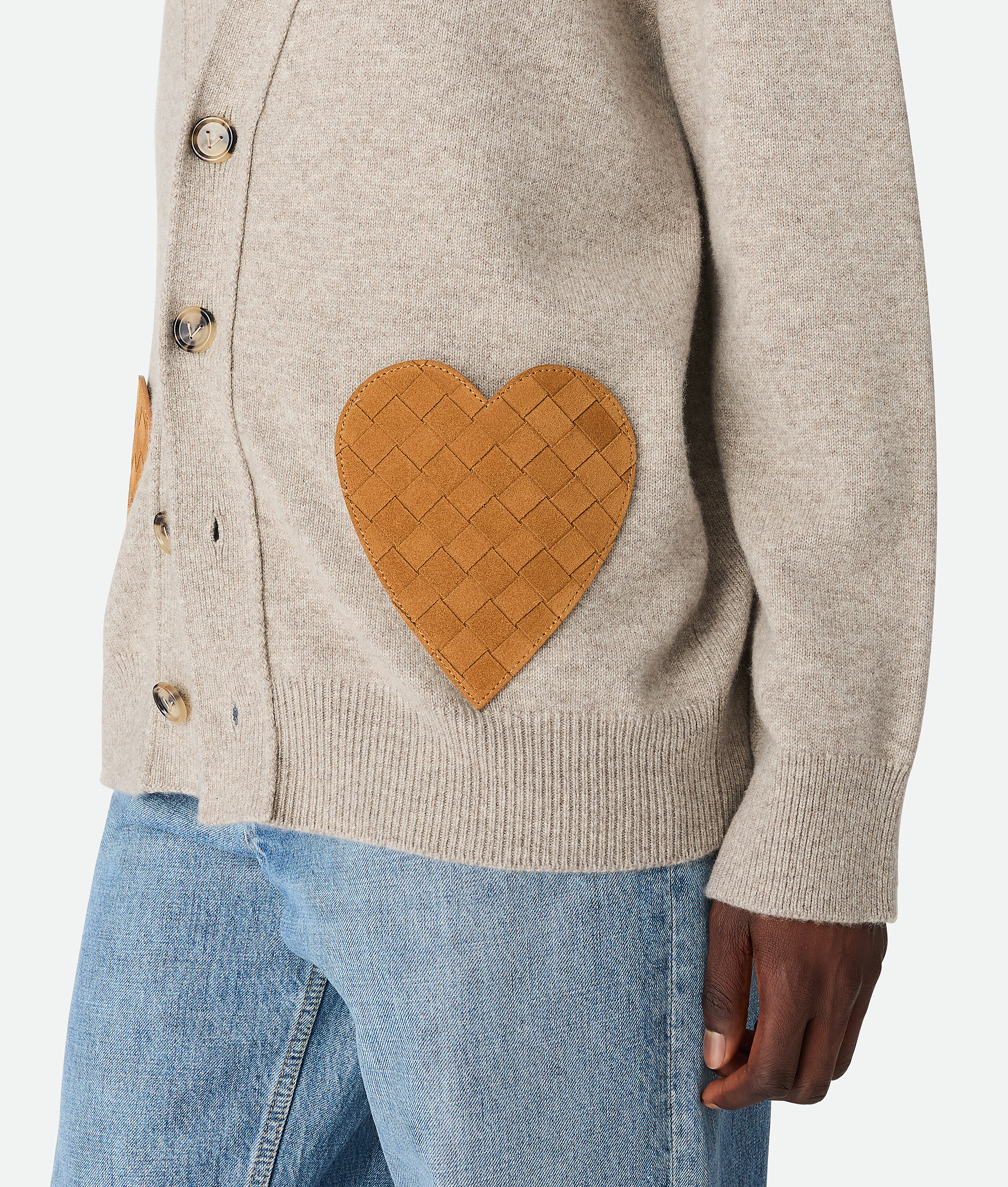 Bottega Veneta Cashmere Blend Cardigan With Intrecciato Suede Hearts In Neutral