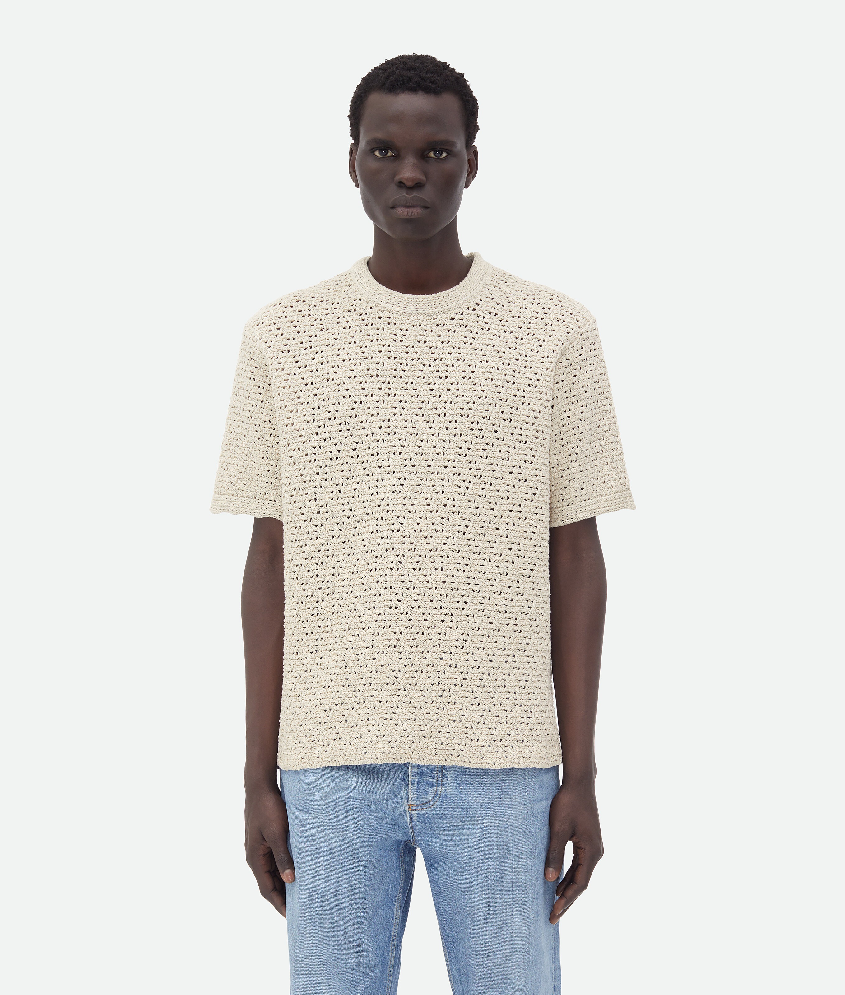 Shop Bottega Veneta Cotton Crochet T-shirt In Bone/cloud
