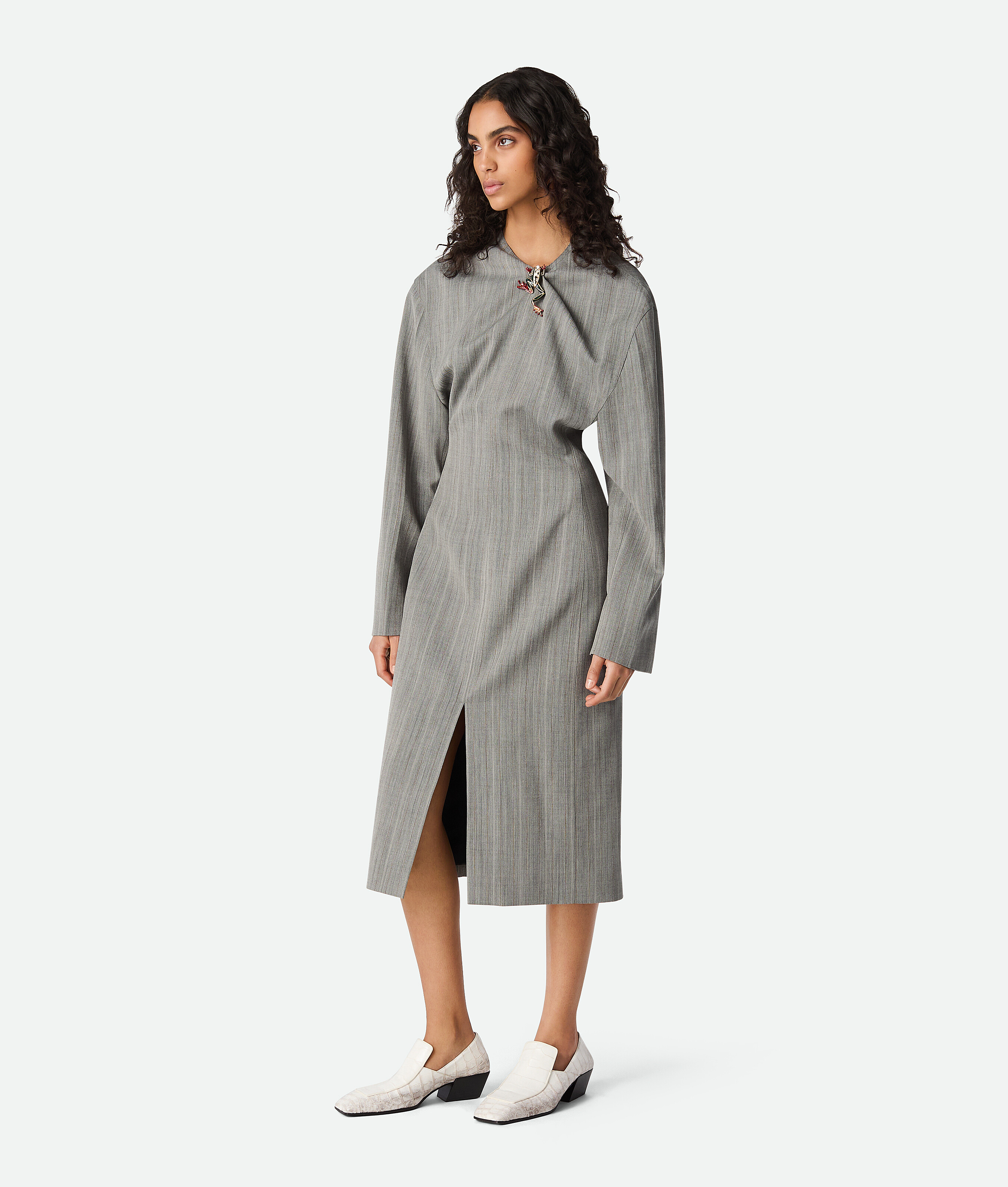 Bottega Veneta Subtle Stripe Melange Wool Dress With Frog Brooch In Vulcano/bean Melange