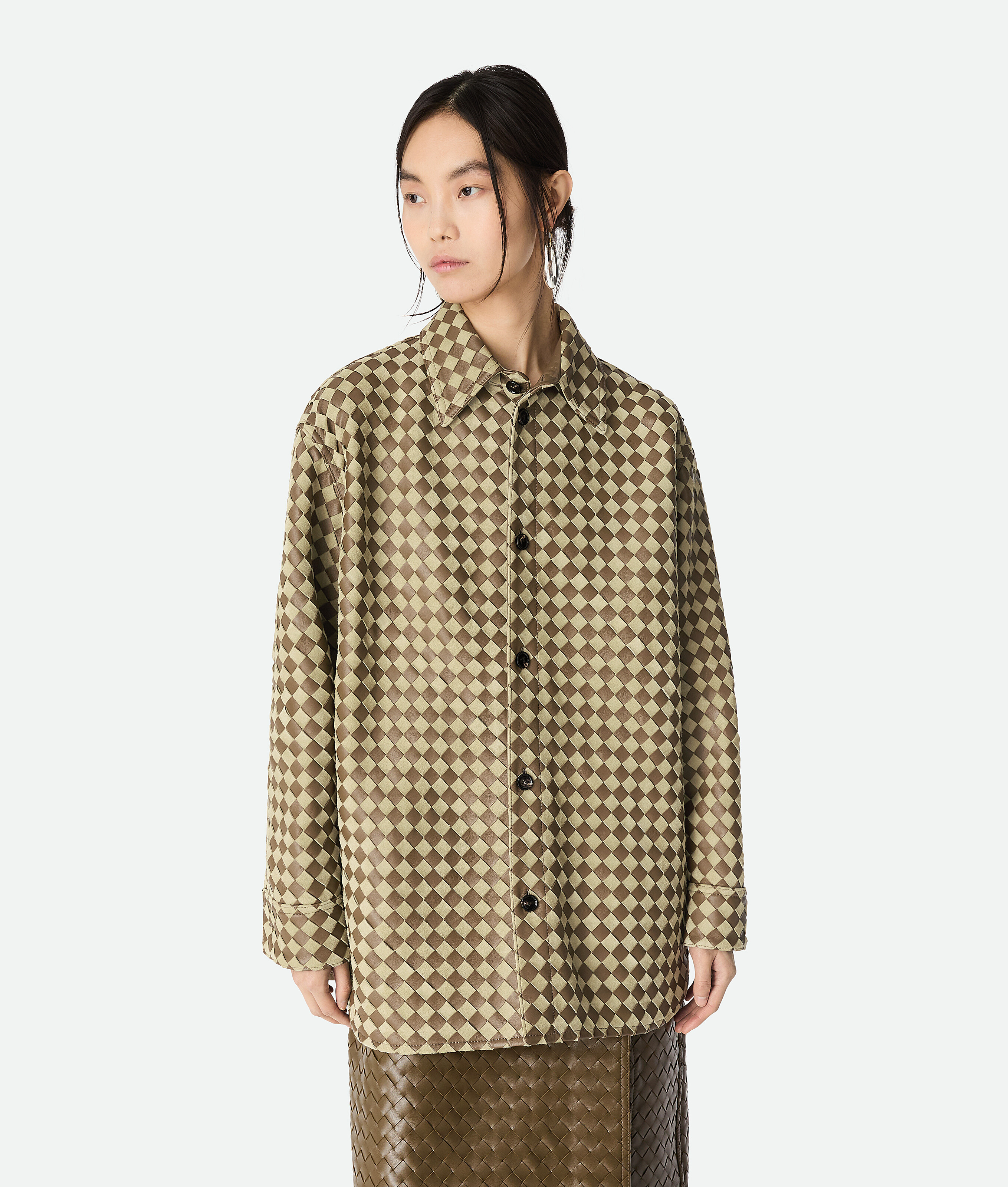 Bottega Veneta Chemise En Cuir Suède Et Cuir Intrecciato - Liana/travertine - Femme - 40 - Cuir D’Agneau