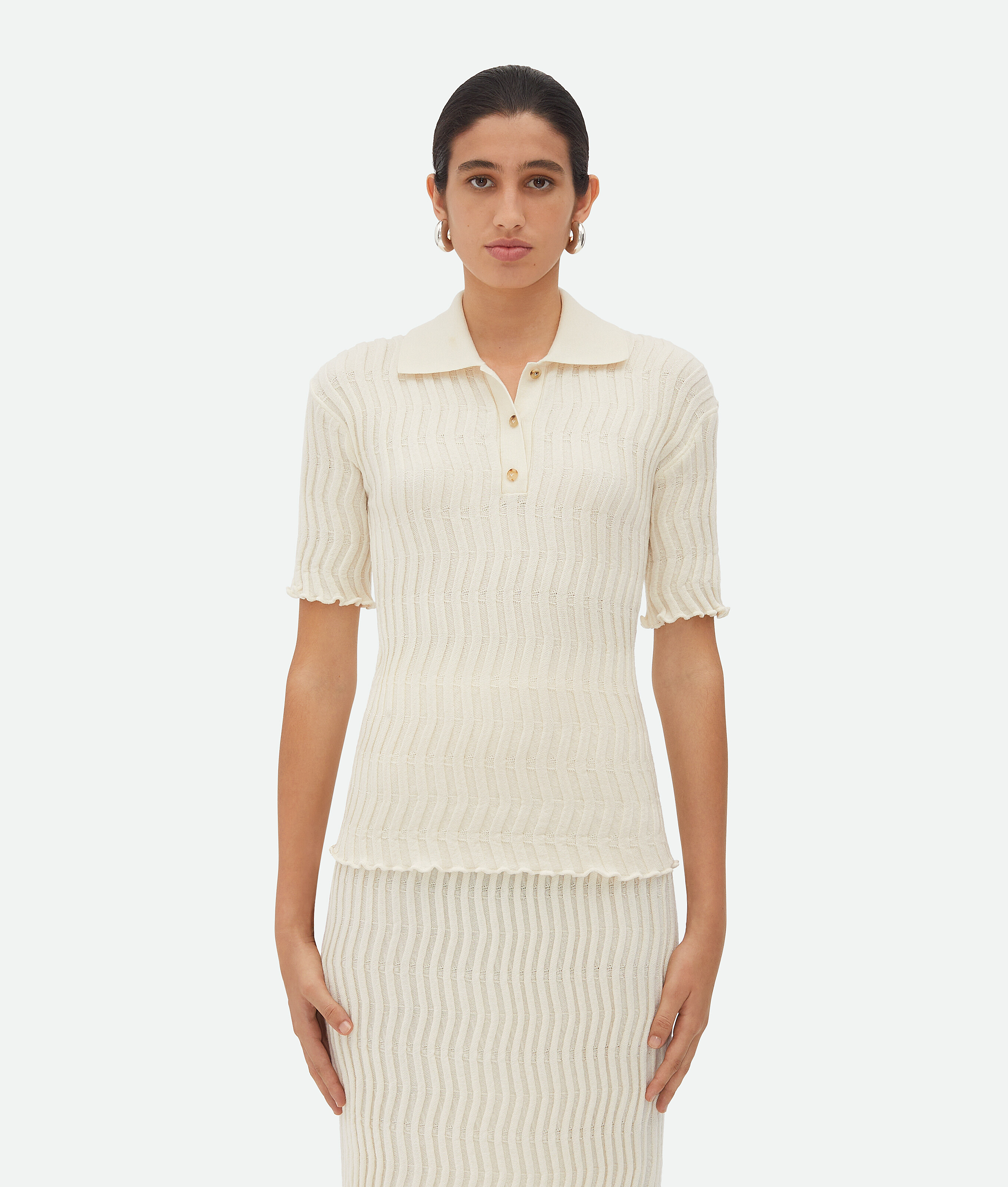 Bottega Veneta Zigzag Knit Short-sleeve Polo Top In Beige