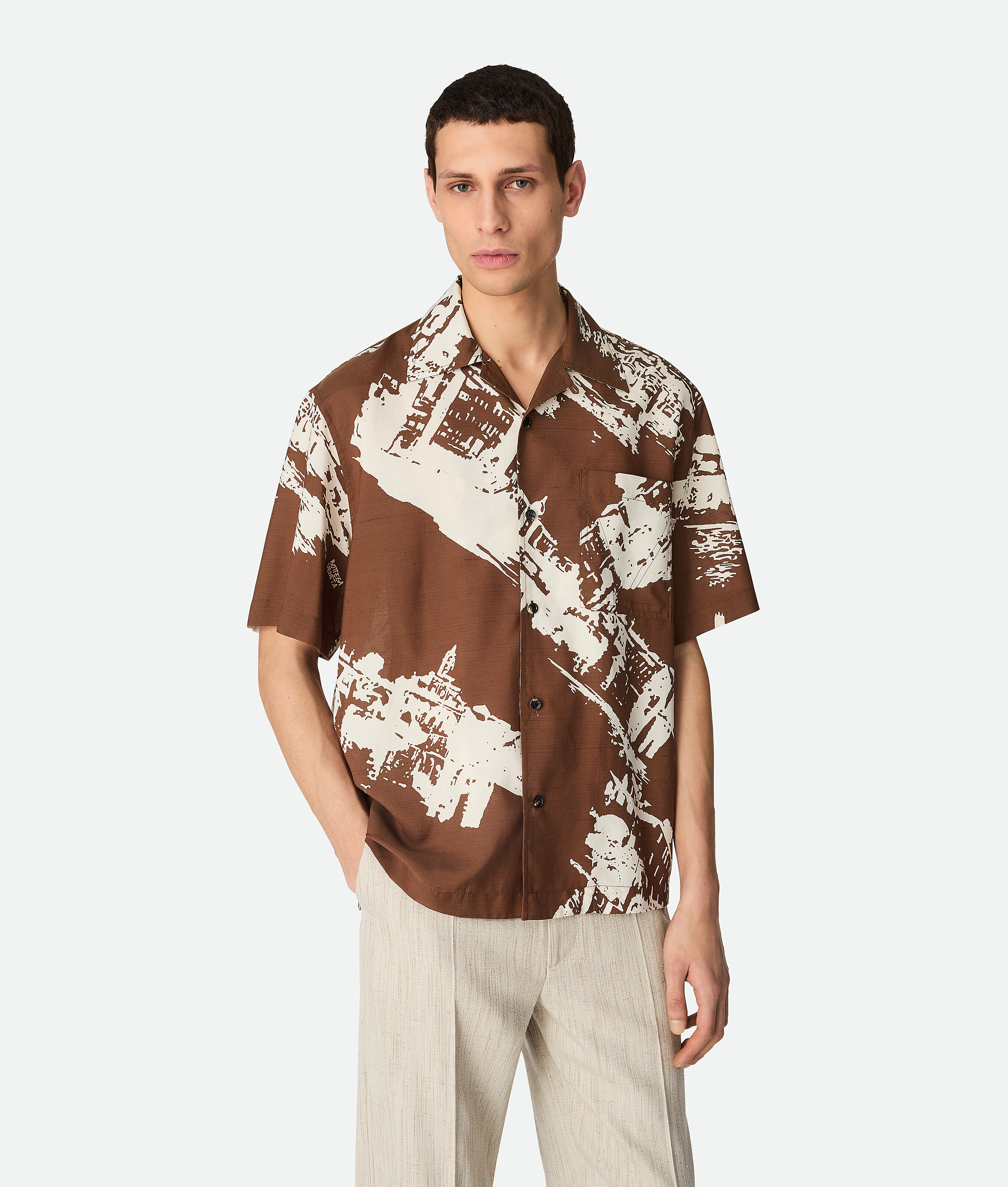 Bottega Veneta Camicia In Seta Con Stampa Cartolina Italiana - Marrone - Uomo - 54 - Seta & Cotone