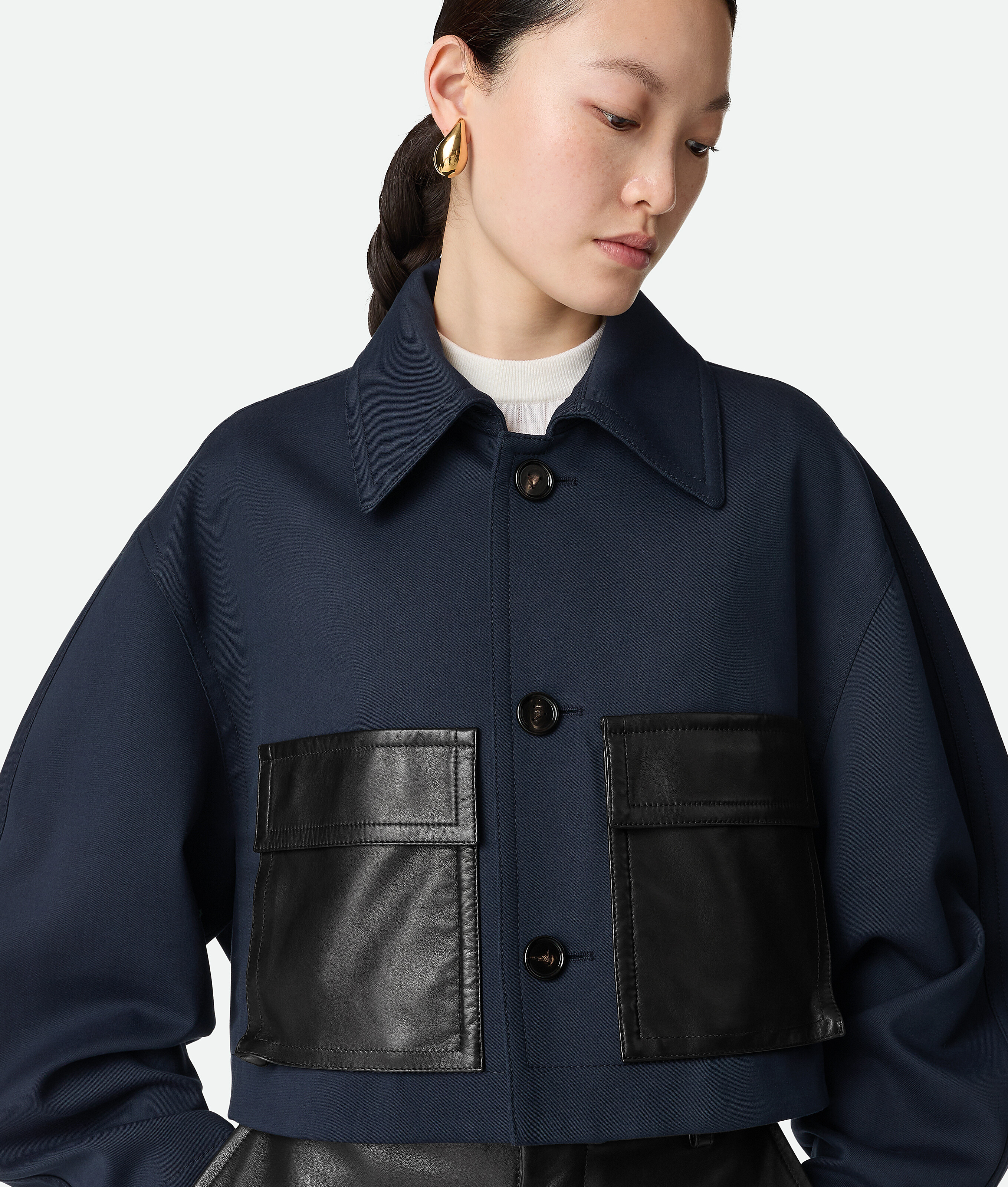 Bottega Veneta Women Blue Jacket With Classic Collar And Two Front Leather Patch Pockets In Cotton A In Blue