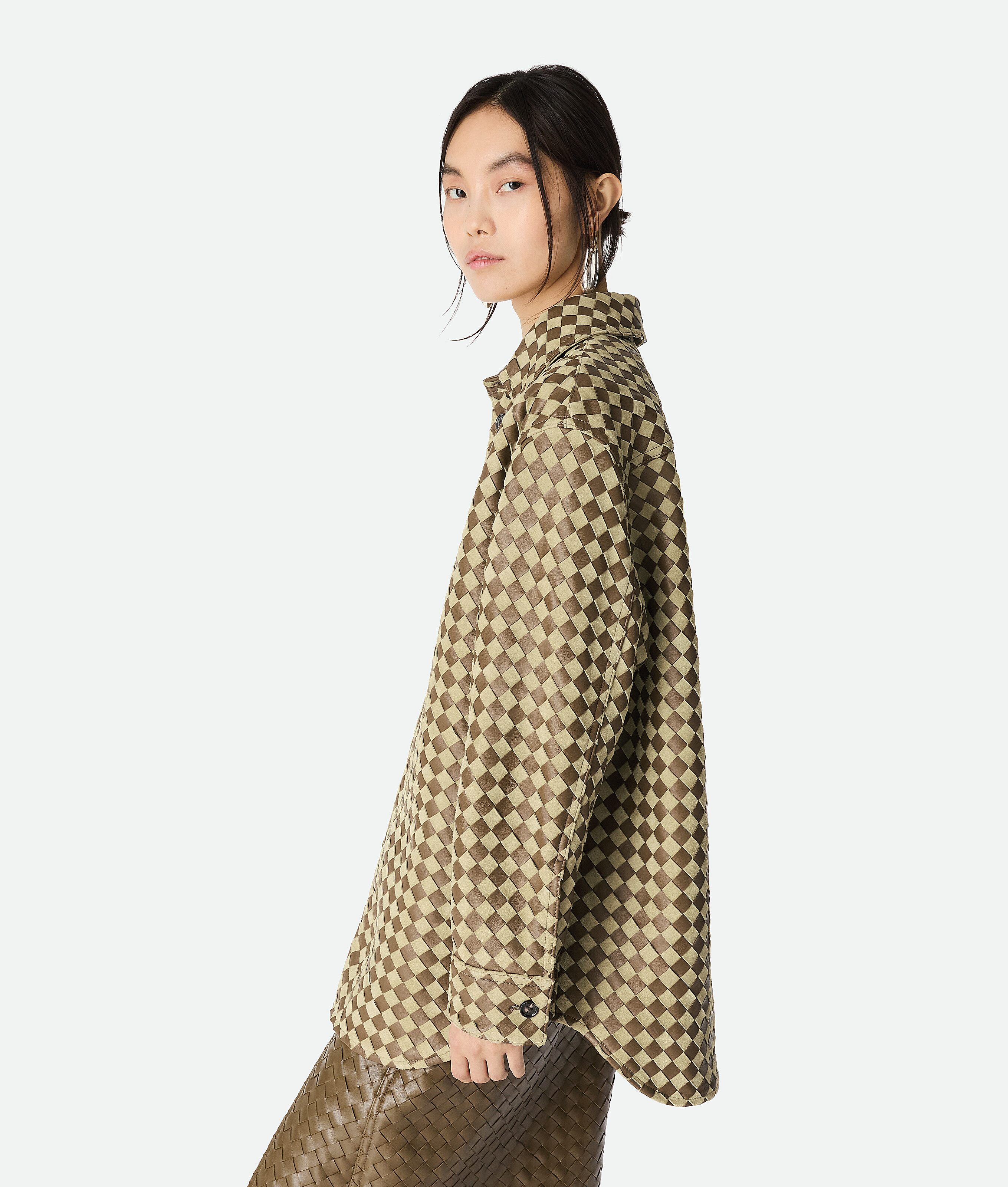 Bottega Veneta Womens Liana Travertine Intrecciato Leather And Suede Shirt In Brown