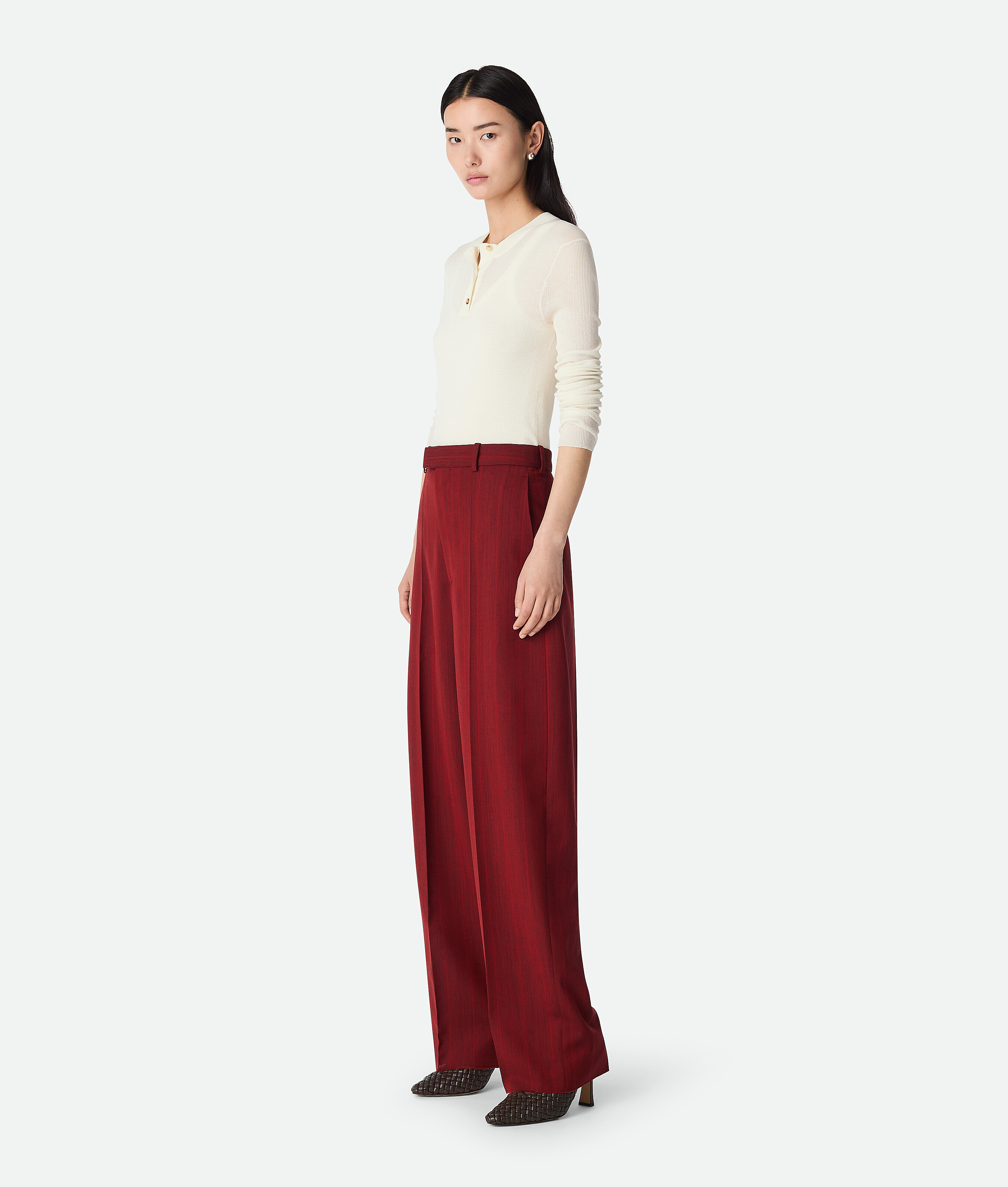 Bottega Veneta Fein Gestreifte Wollhose Mit Weitem Bein In Red/grey Melange