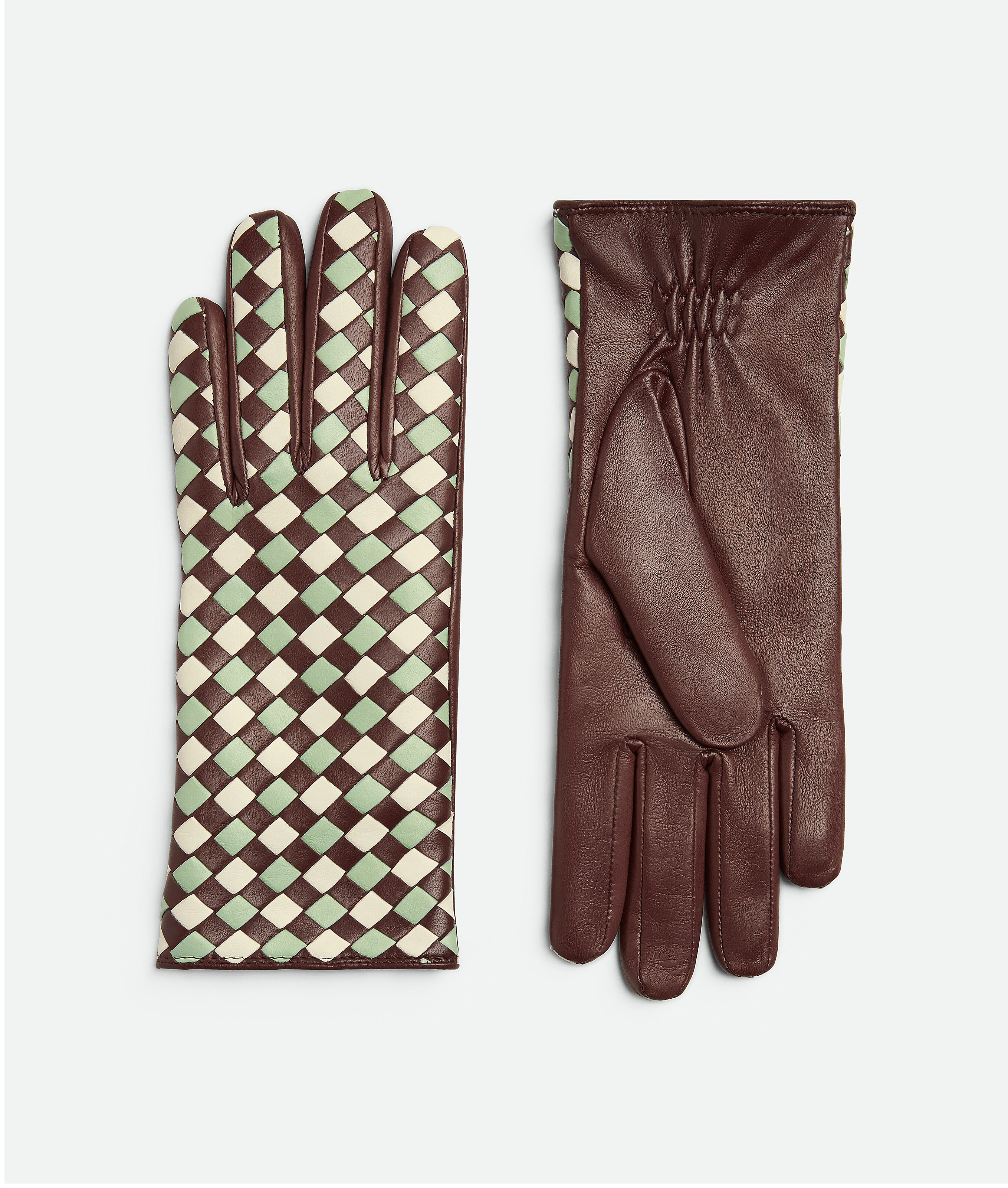 Bottega Veneta Leather Bicolour Intrecciato Gloves In Brown