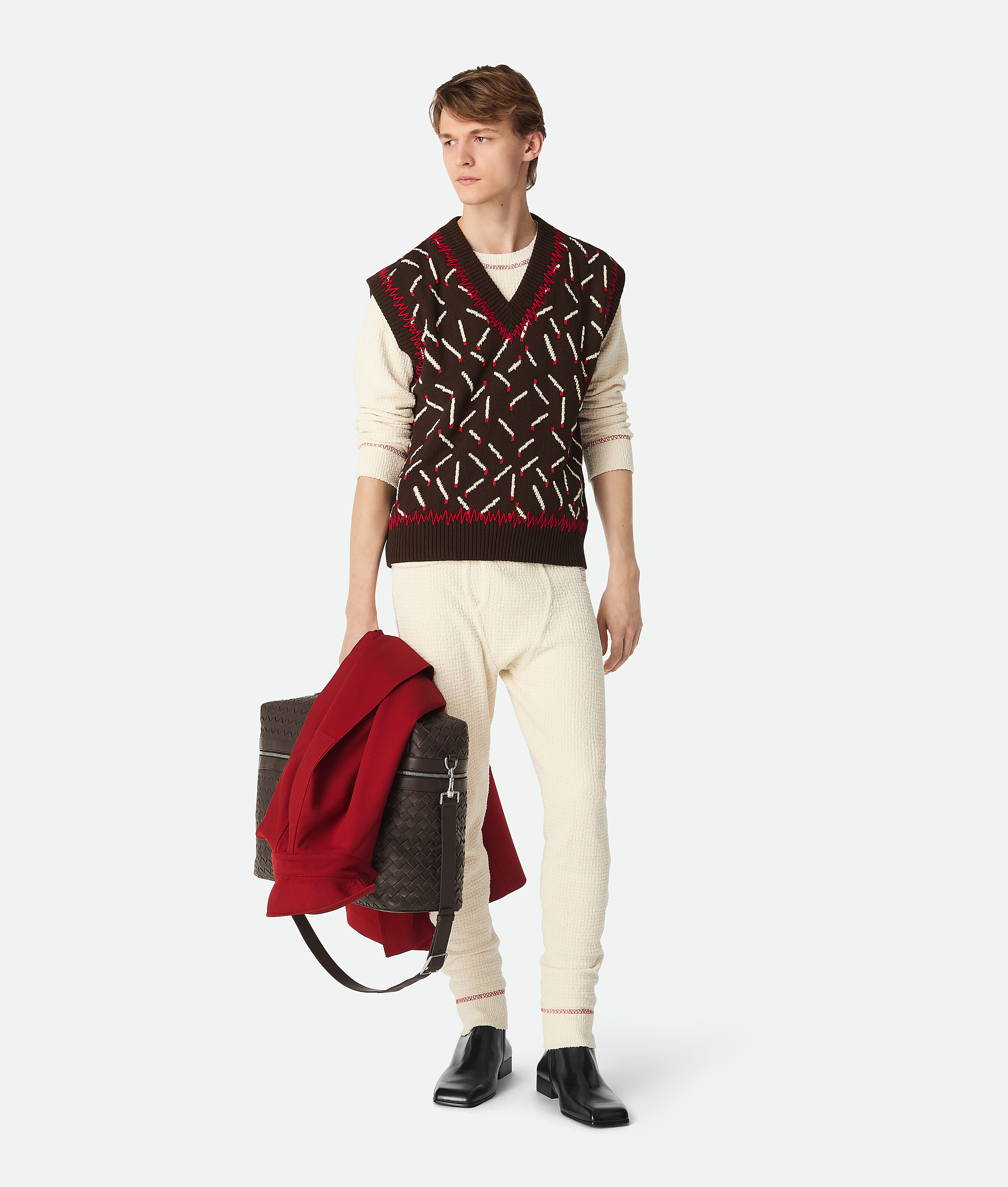 Bottega Veneta Men Brown Jacquard Vest With Matchstick Pattern In Ebony/chalk/tomato