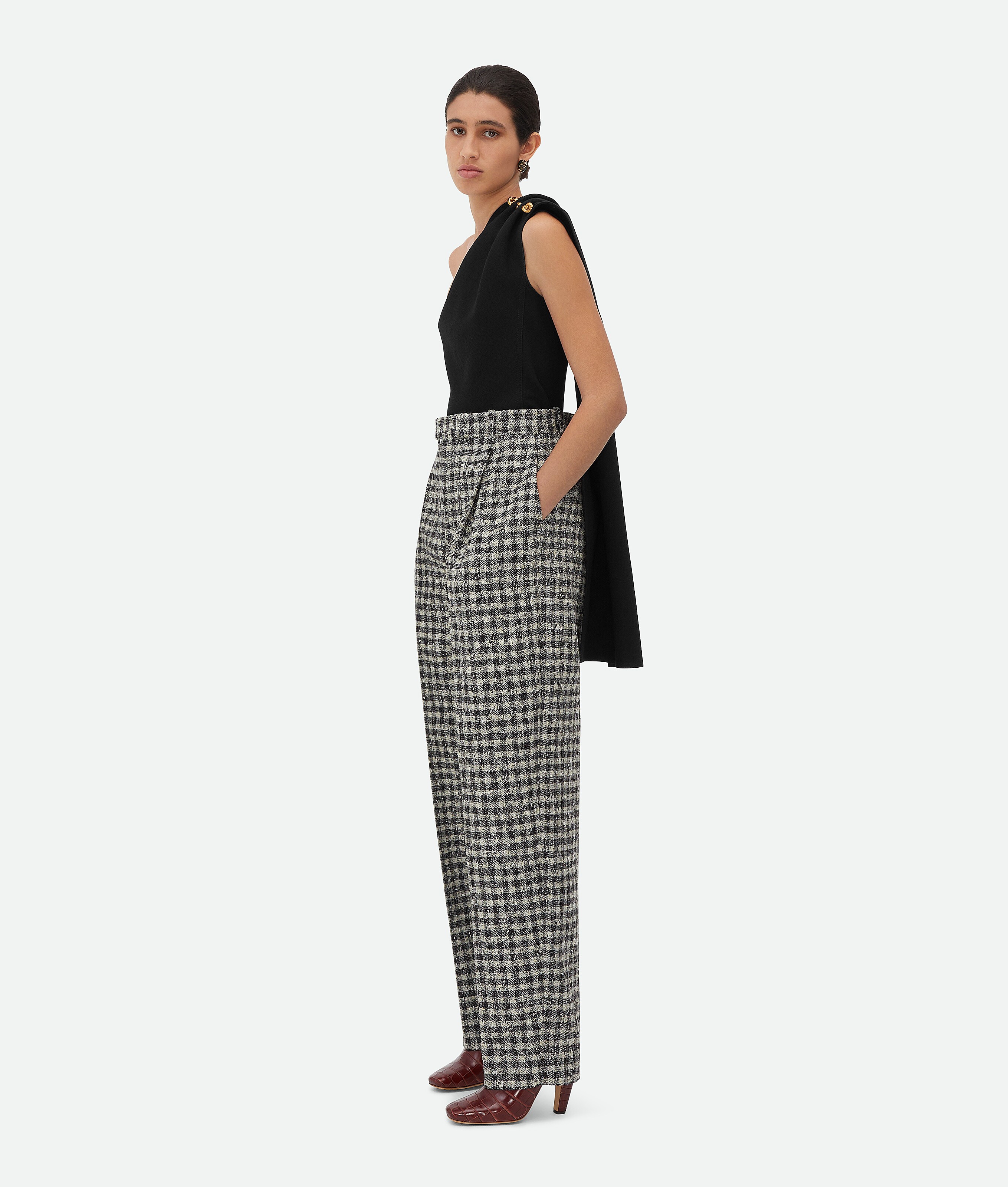 Bottega Veneta Boucle Gingham Wool Trousers In Black/pearl/khaki