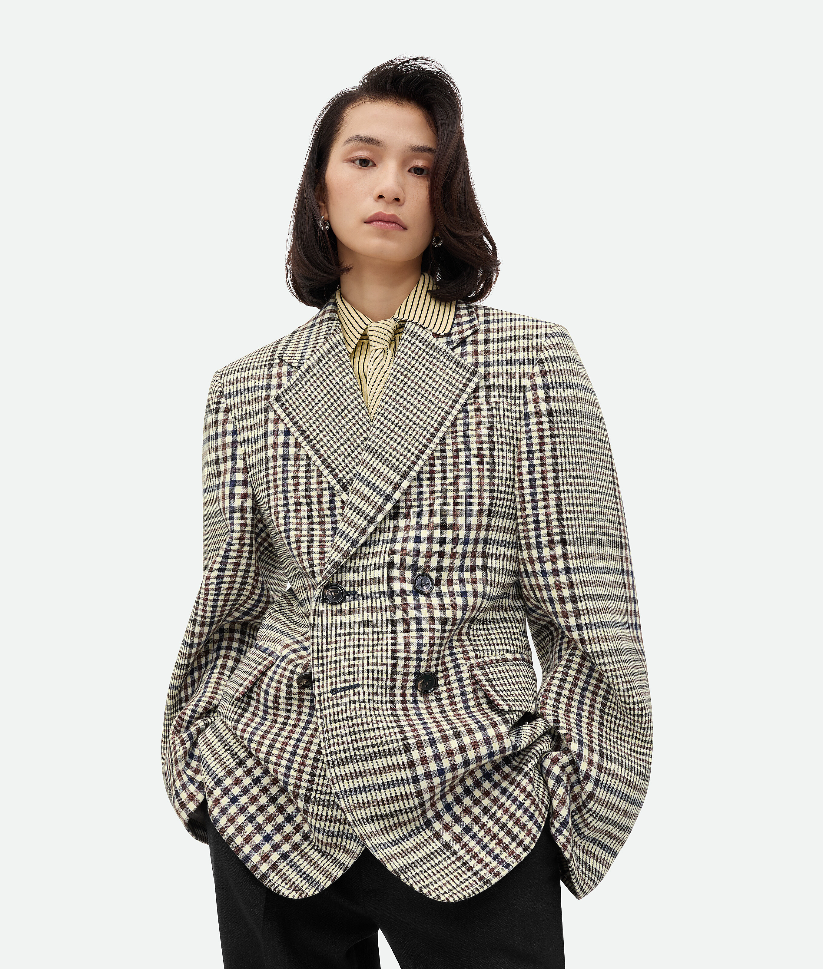 Bottega Veneta Structured Check Cotton Jacket In Pollen/brown/navy