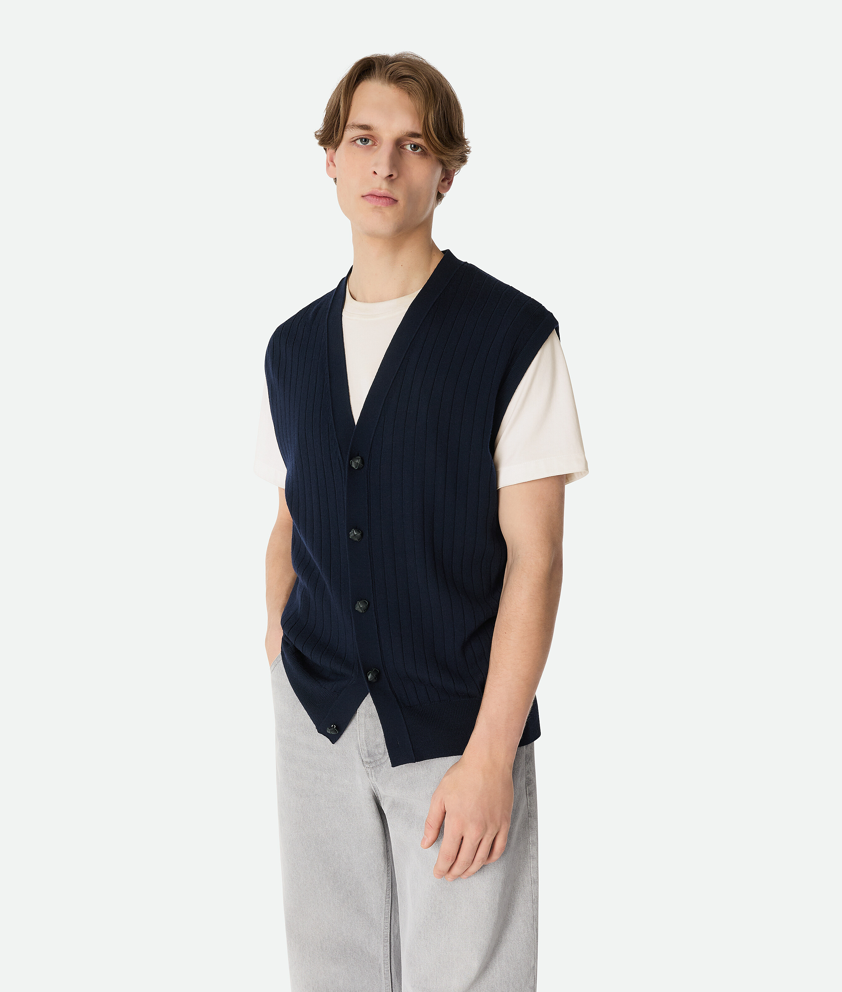 Bottega Veneta Wool Rib Cardigan Gilet - Abyss - Man - XS - Wool
