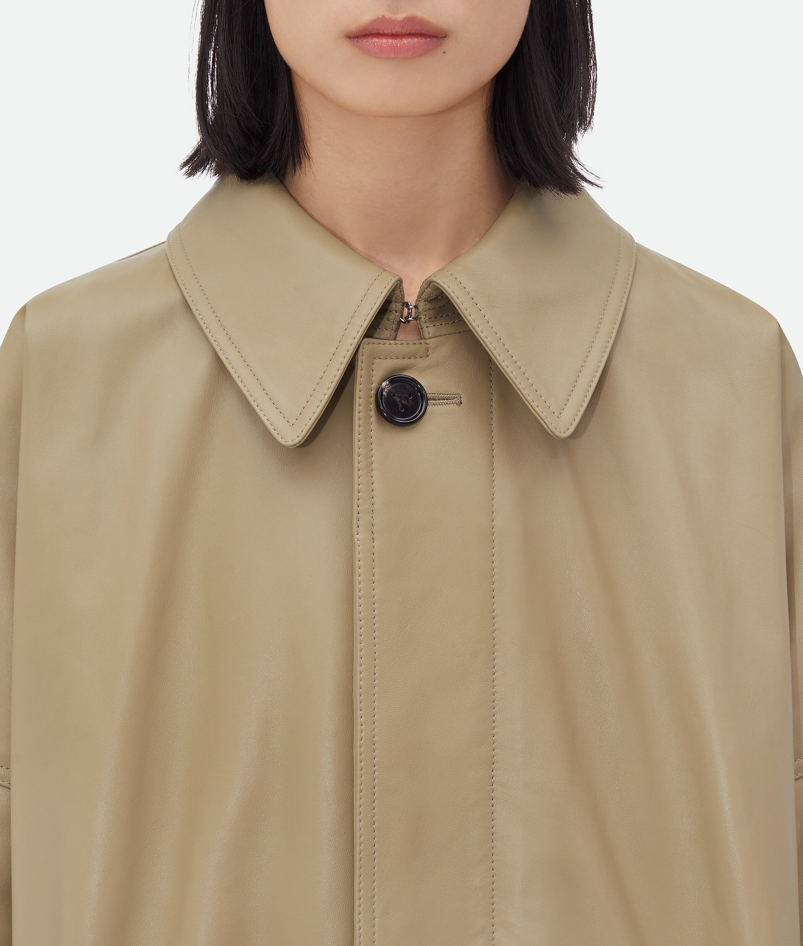 Shop Bottega Veneta Leather Coat With Check Lining In Beige