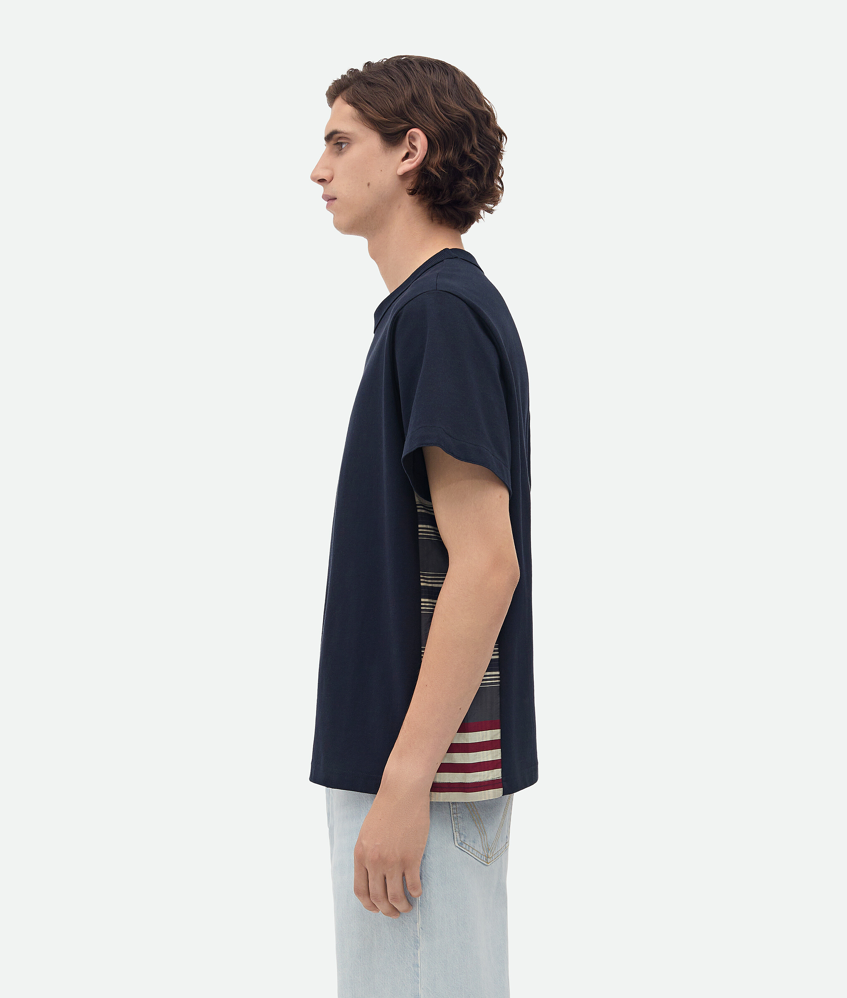 Bottega Veneta Double Layer Cotton Check T-shirt In Abyss/multistripes