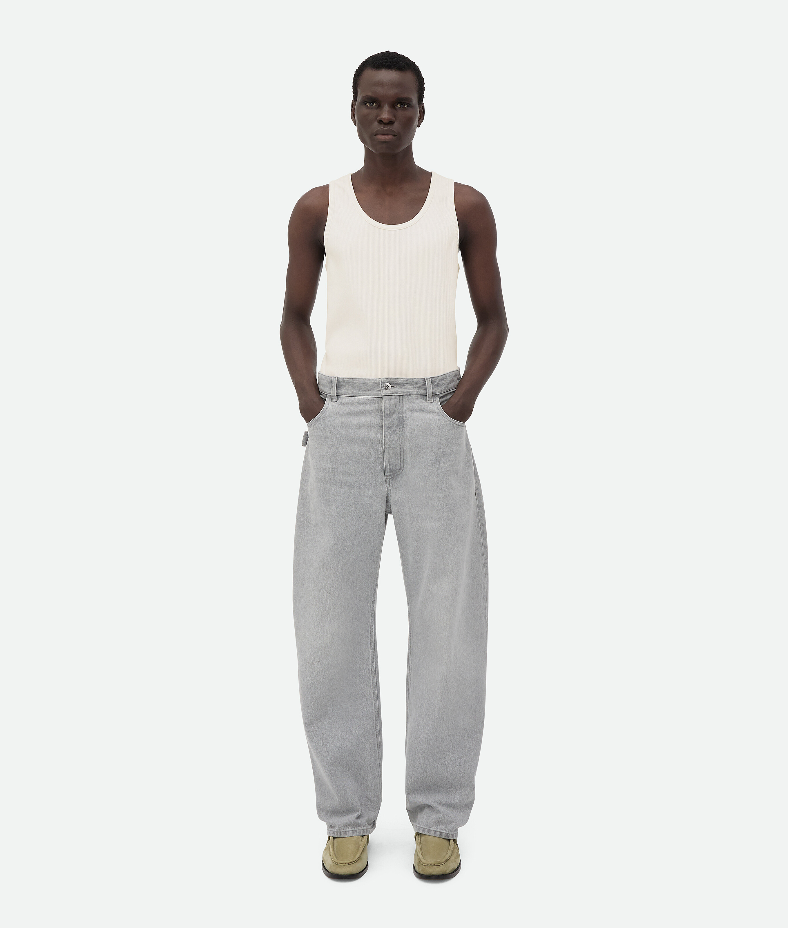 Shop Bottega Veneta Light Grey Washed Wide Leg Denim