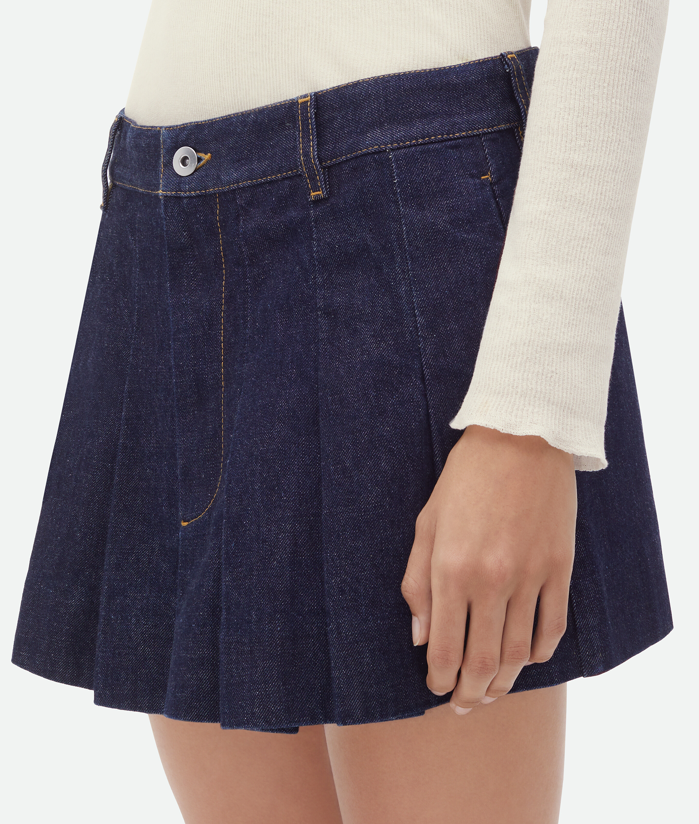 Shop Bottega Veneta Pleated Denim Mini Skirt In Blue