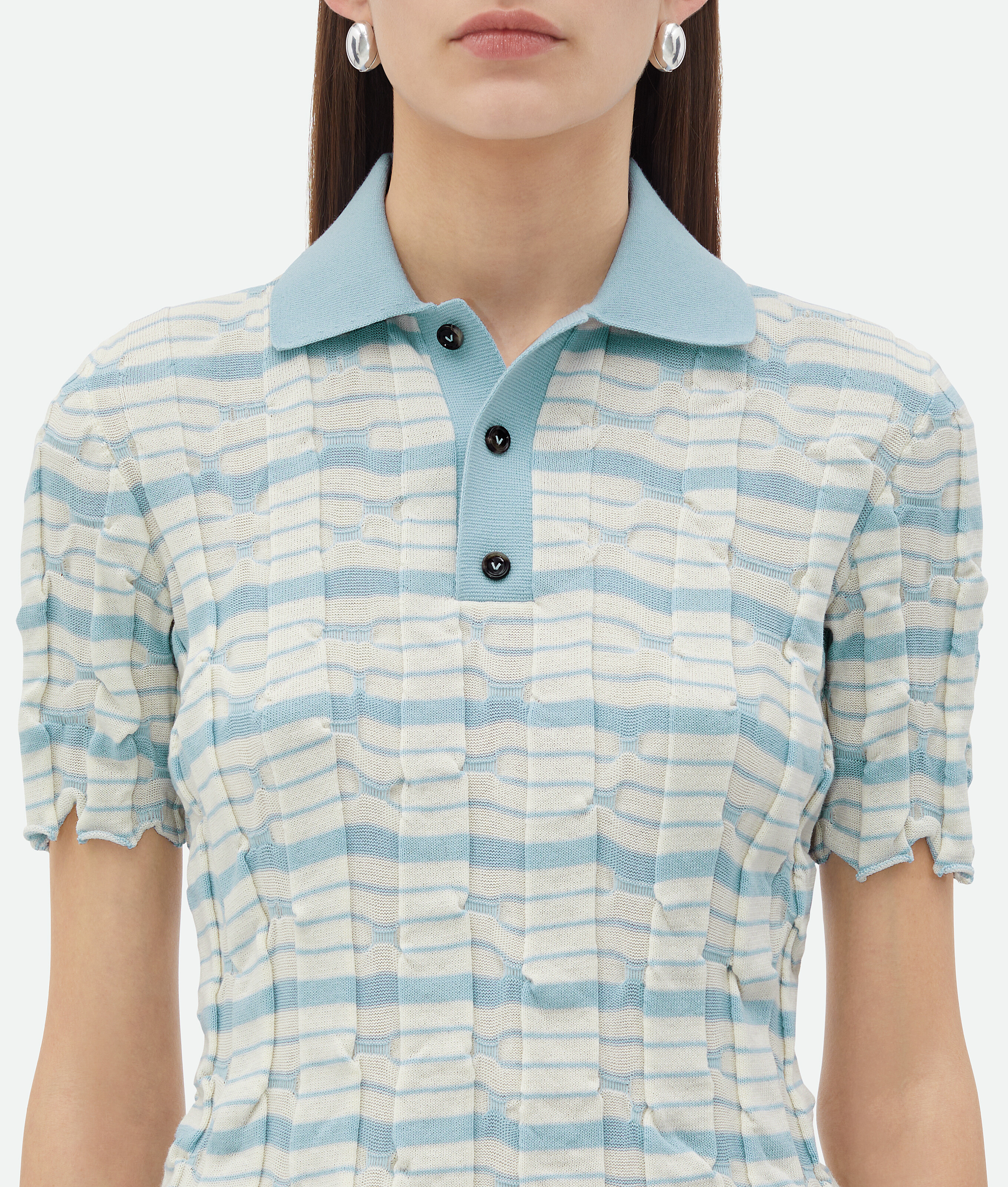 Bottega Veneta Distorted Stripe Cotton Polo In White