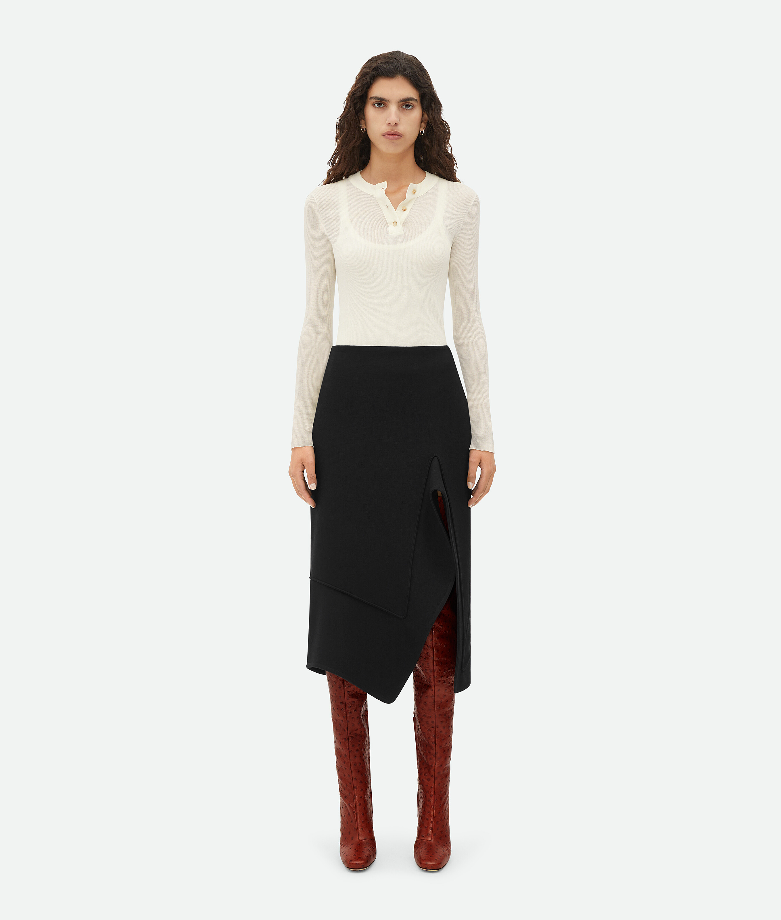 Bottega Veneta Structured Cotton Midi Skirt In Black