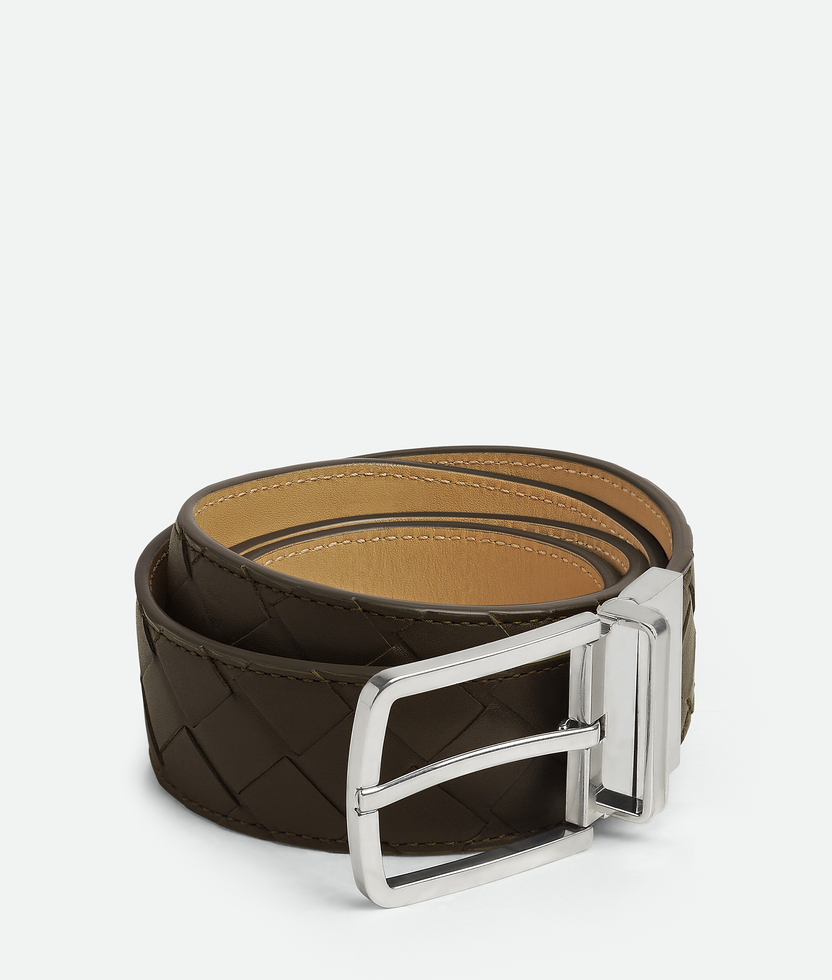 Bottega Veneta Leather Reversible Intrecciato Belt In Kaki/dark Praline