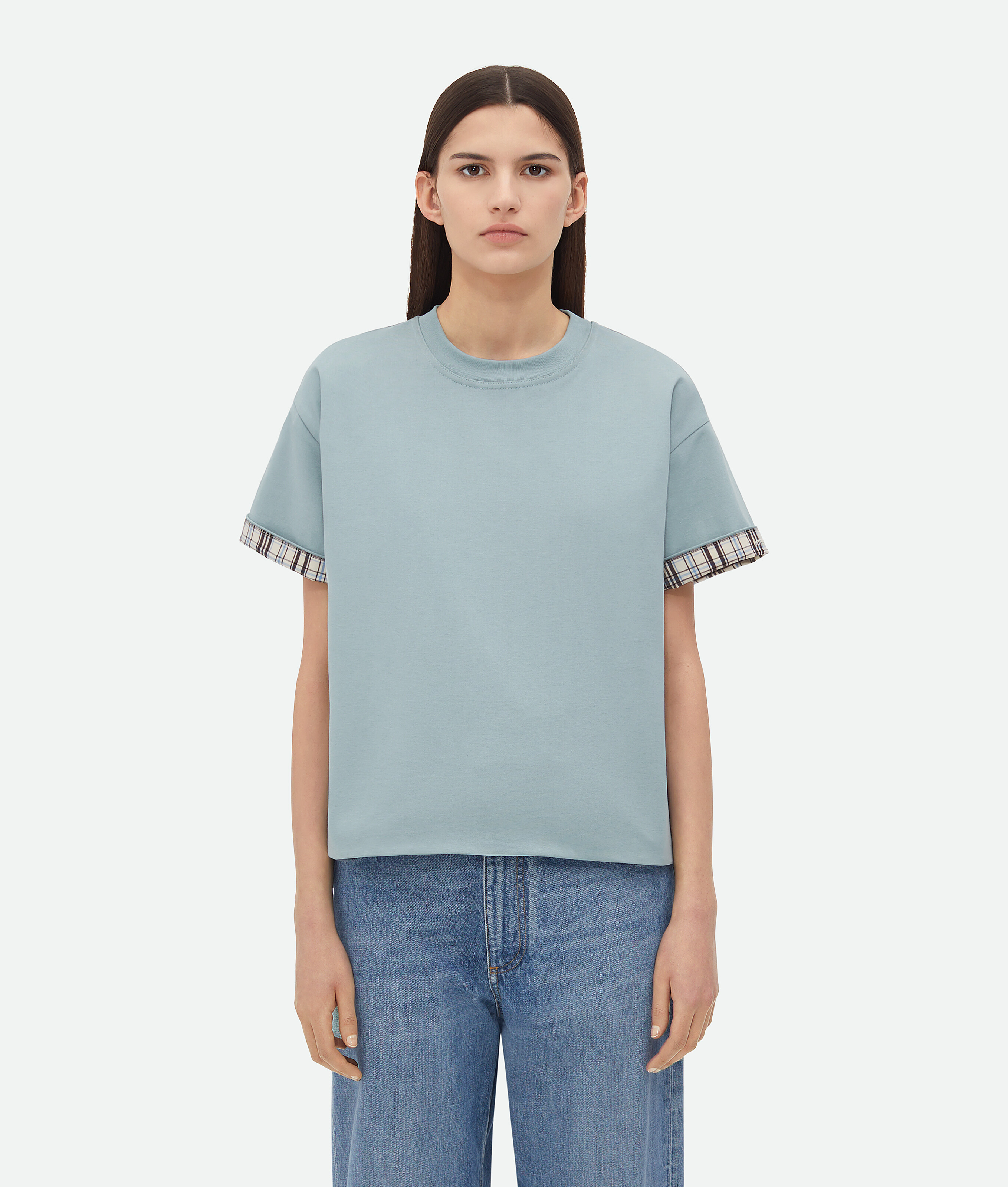 Bottega Veneta Double Layer Checked Cotton T-shirt In Steelblue/chalk/fond