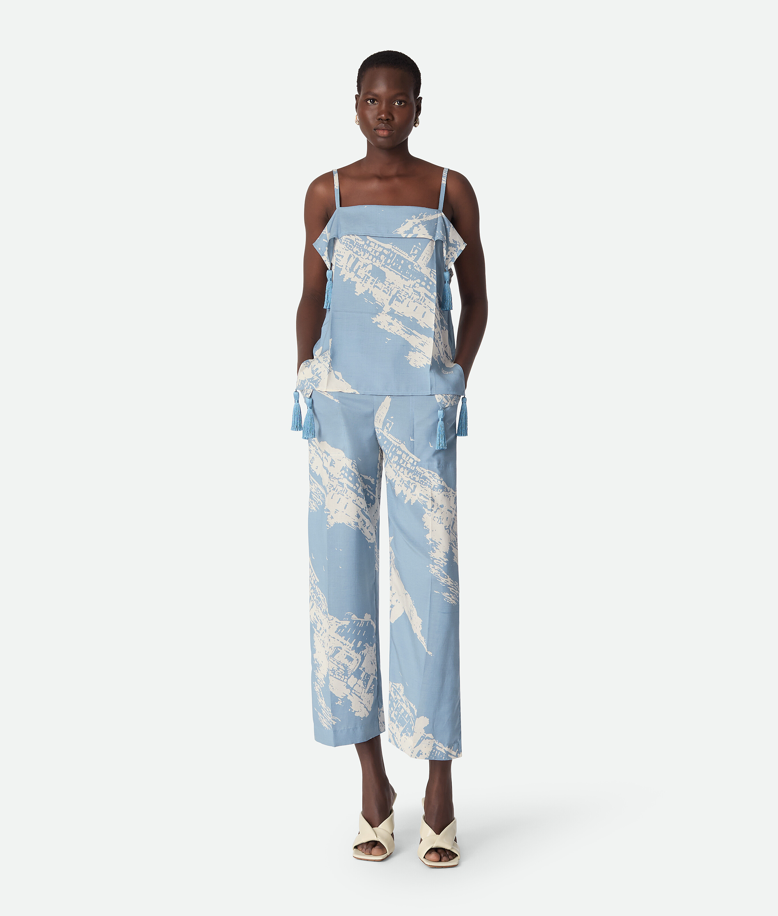 Bottega Veneta Italian Postcard Silk Top - Blue - Woman - 44 - Silk & Cotton