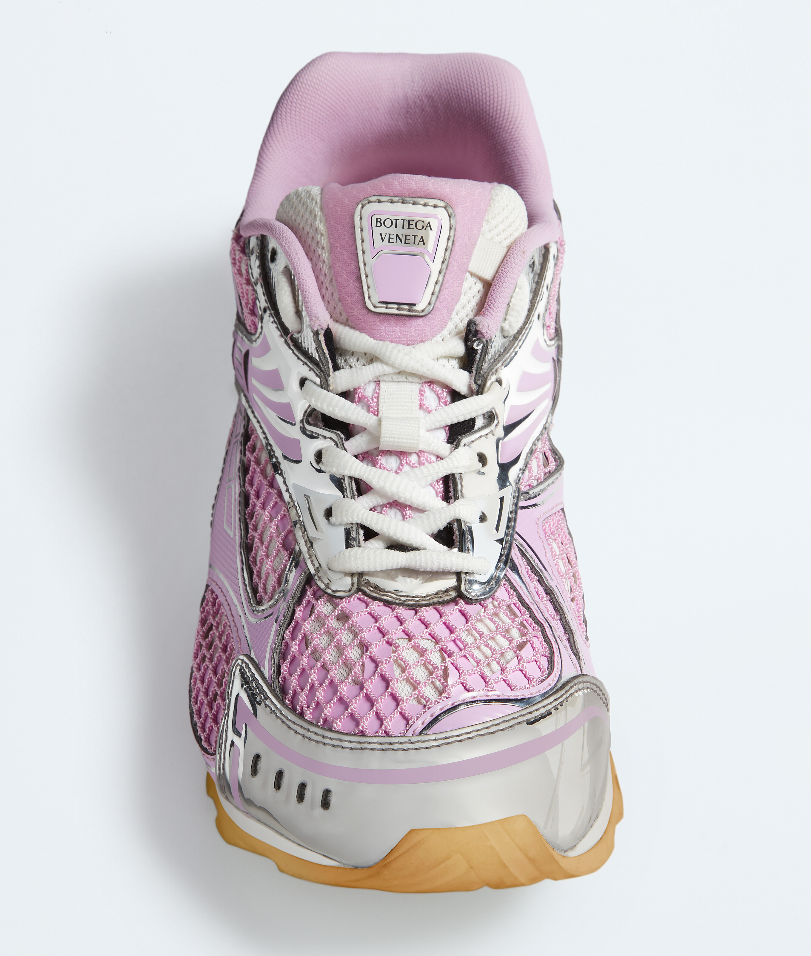 Bottega Veneta Women 'orbit' Pink Sneakers With Logo Lettering Print In Lightweight Techno Mesh Woma In Gloss/silver