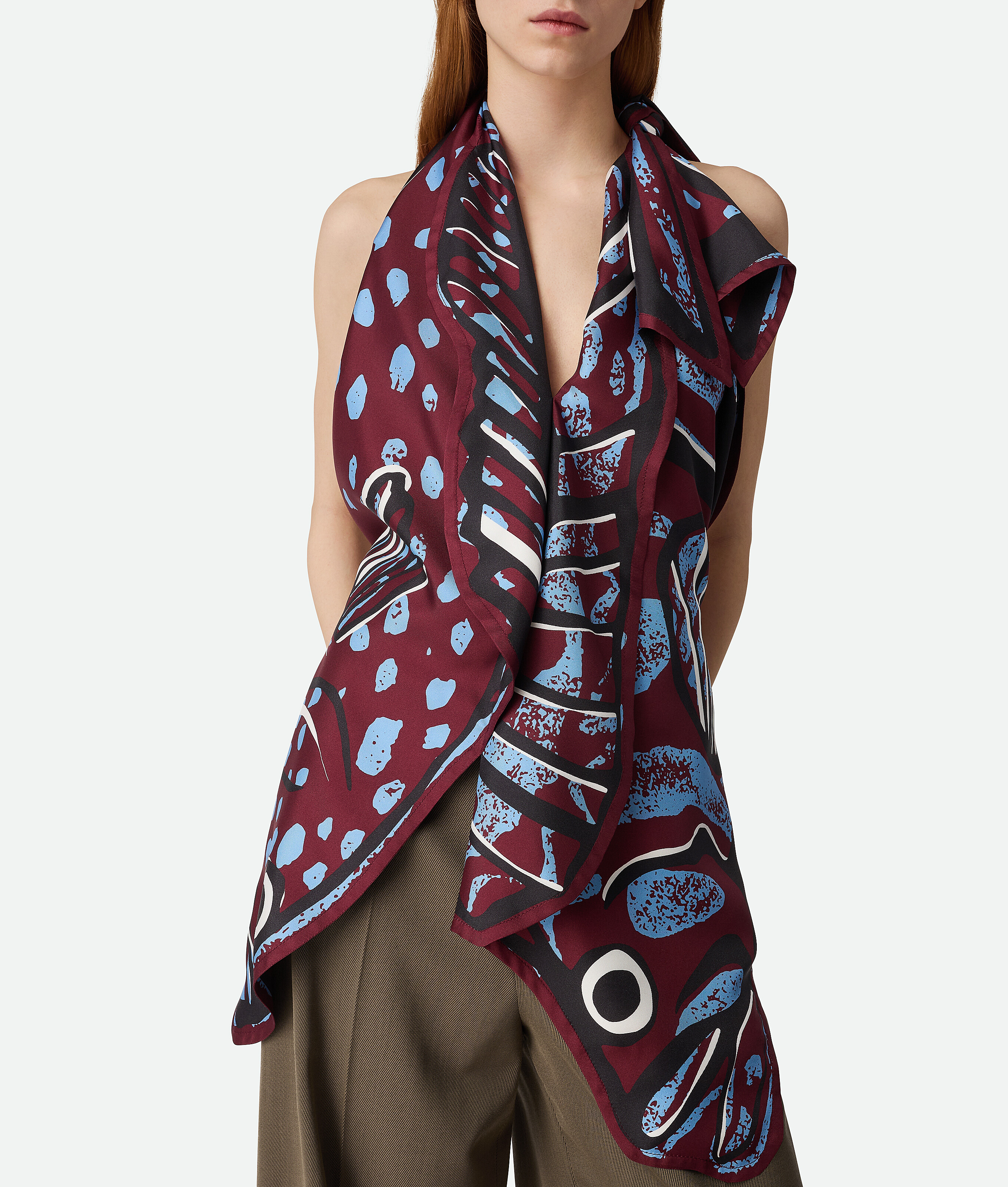 Bottega Veneta Fish Print Asymmetric Silk Twill Halter Top In Black Cherry/admiral