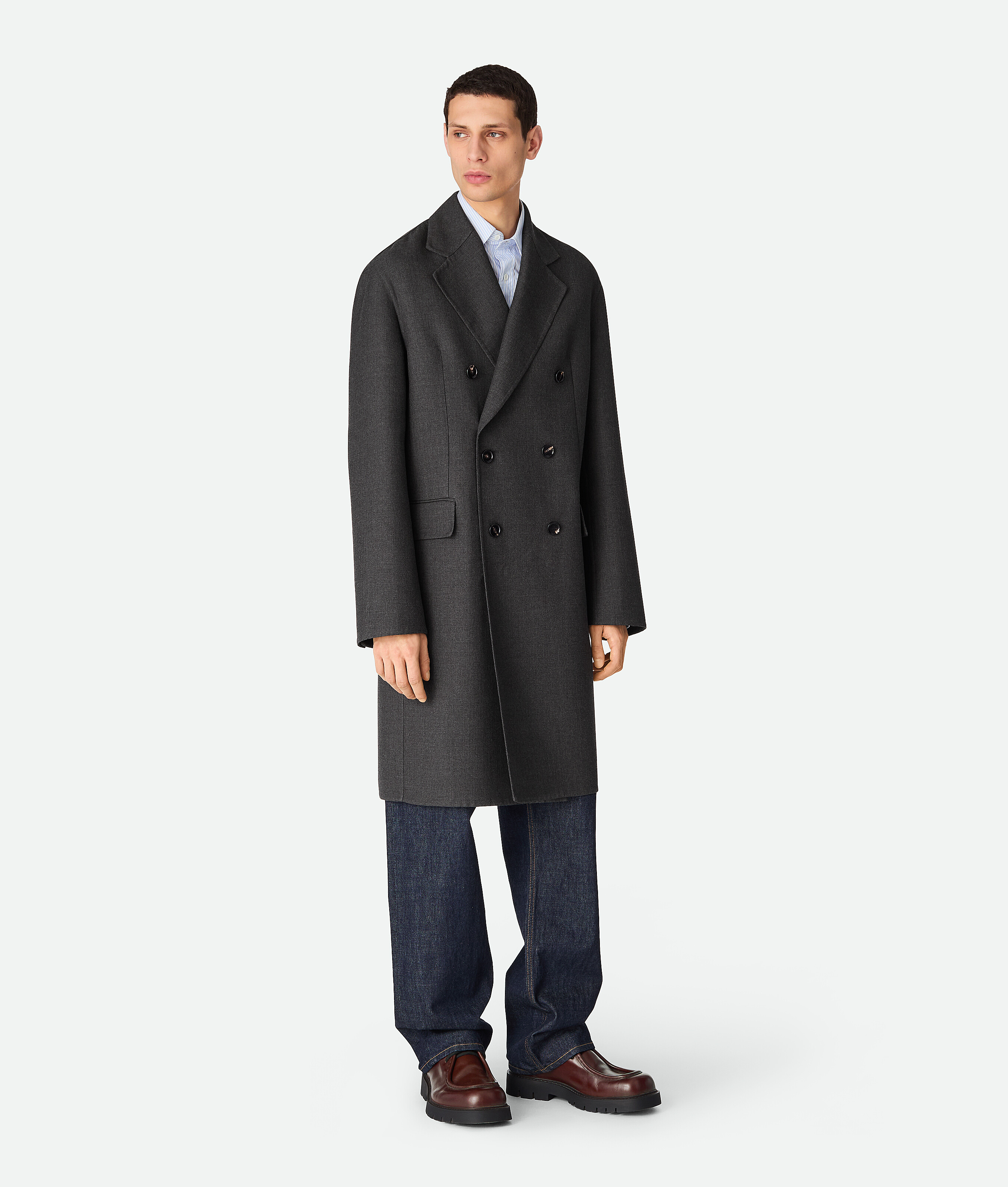 Bottega Veneta Double Wool Coat - Anthracite Melange - Man - 36 - Wool & Silk