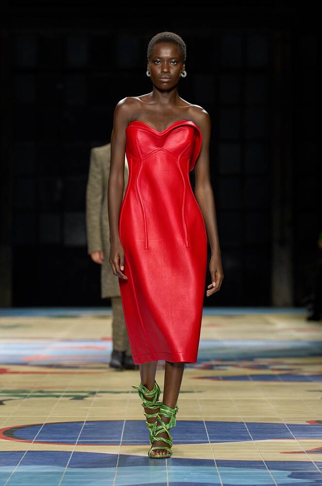 bottega veneta leather dress BOTTEGA VENETA Strapless layered leather midi dress