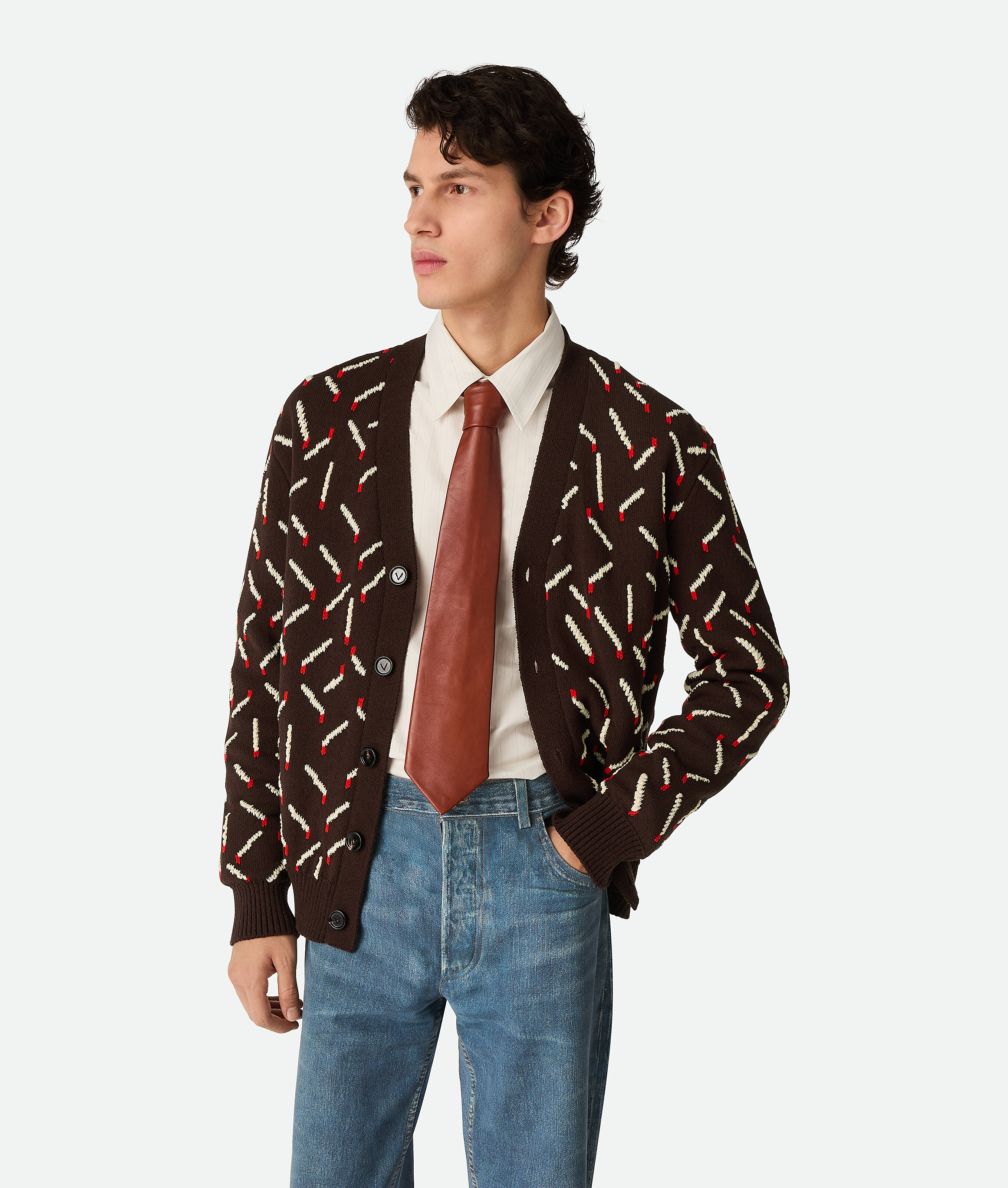 Bottega Veneta Cardigan Allumettes En Jacquard De Coton In Ebony/chalk/tomato