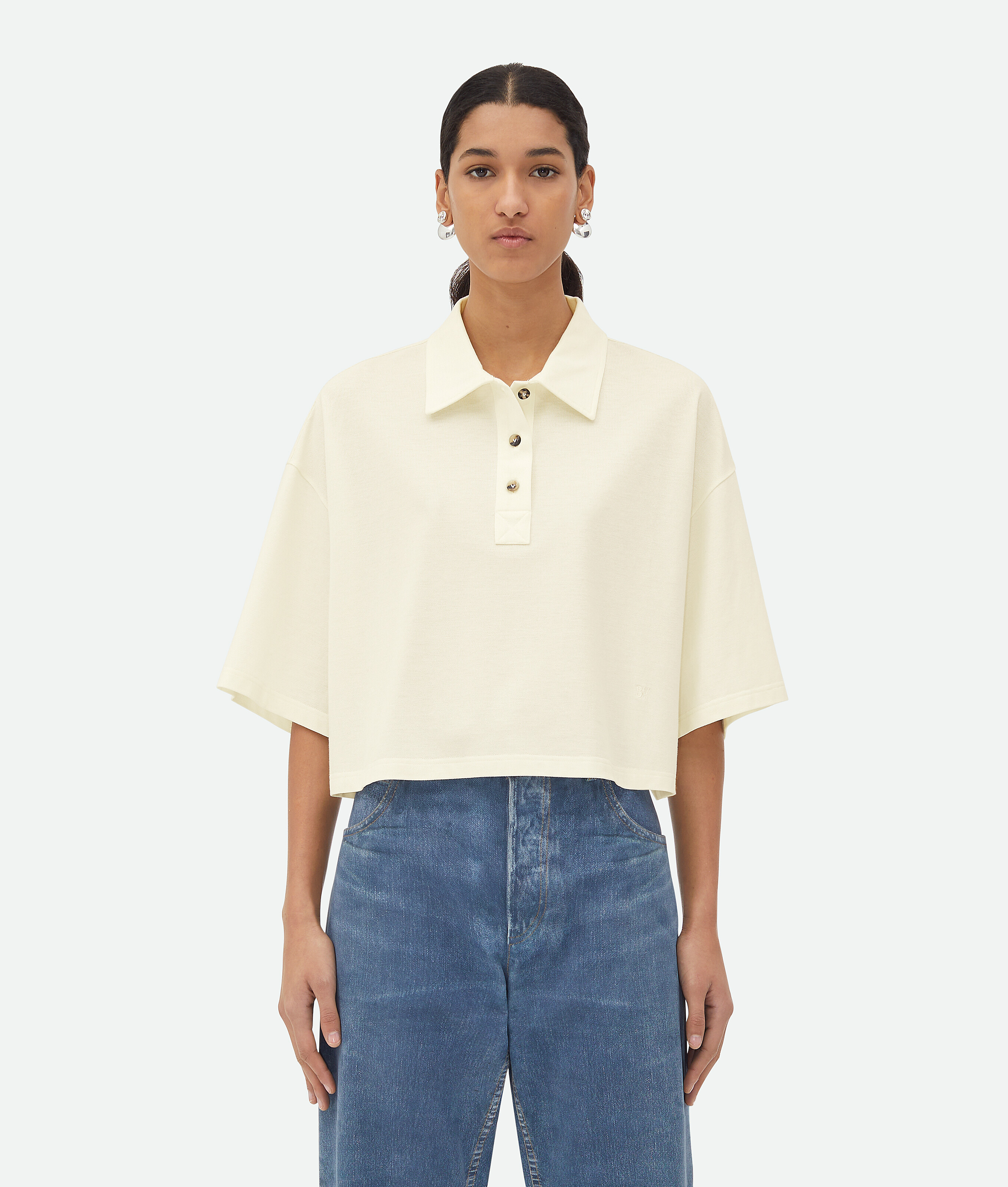 Bottega Veneta Light Cotton Piquet Cropped Polo In Dove