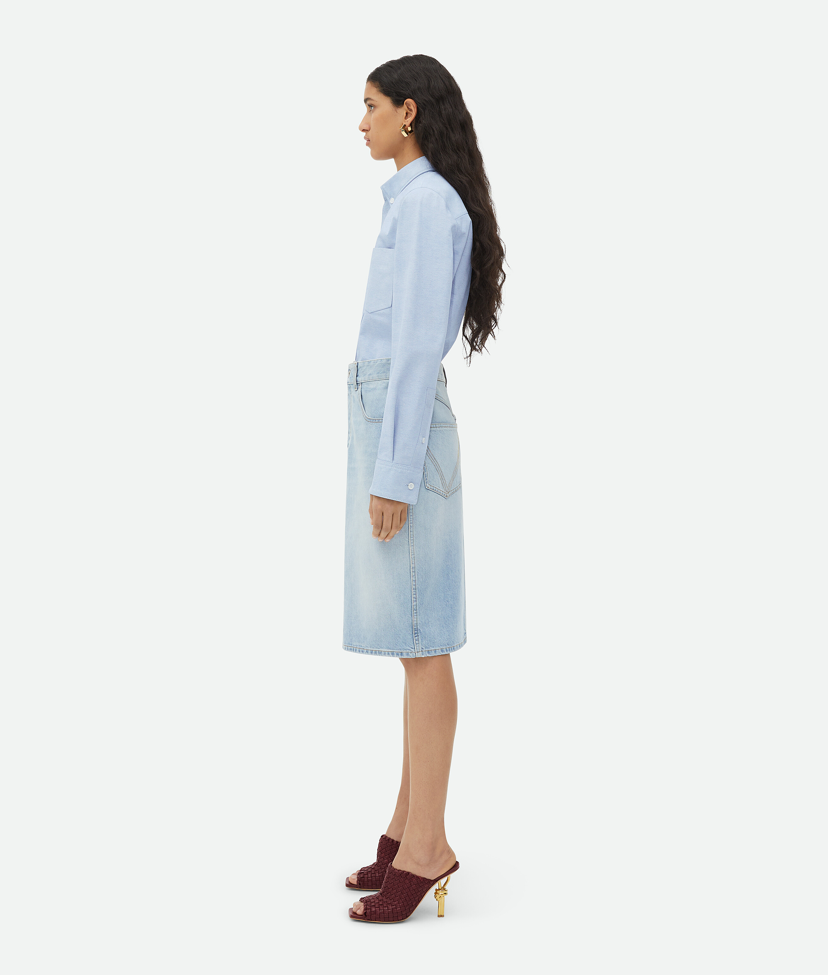 Shop Bottega Veneta Light Bleached Denim Midi Skirt In Blue