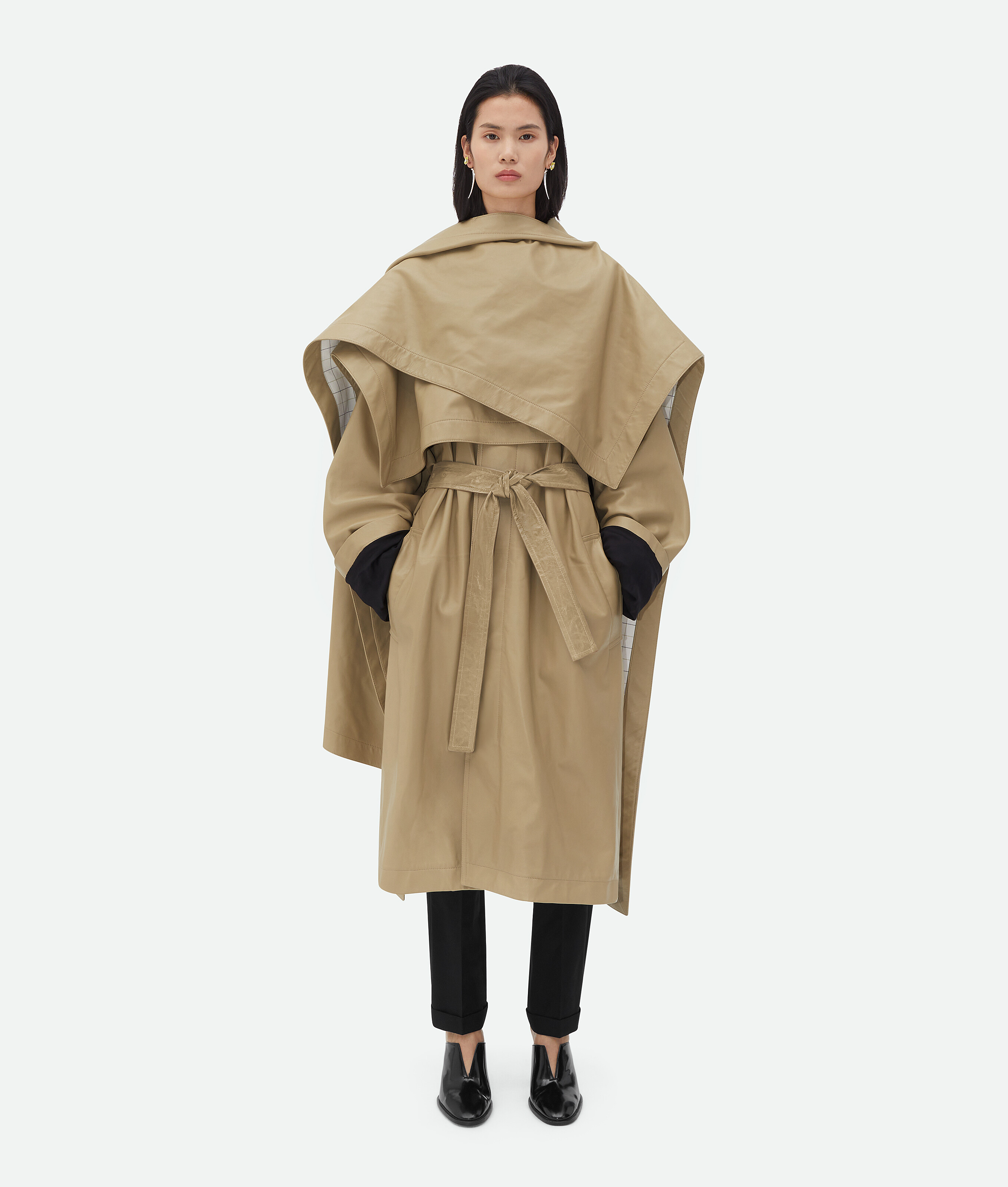 Shop Bottega Veneta Leather Coat With Check Lining In Beige