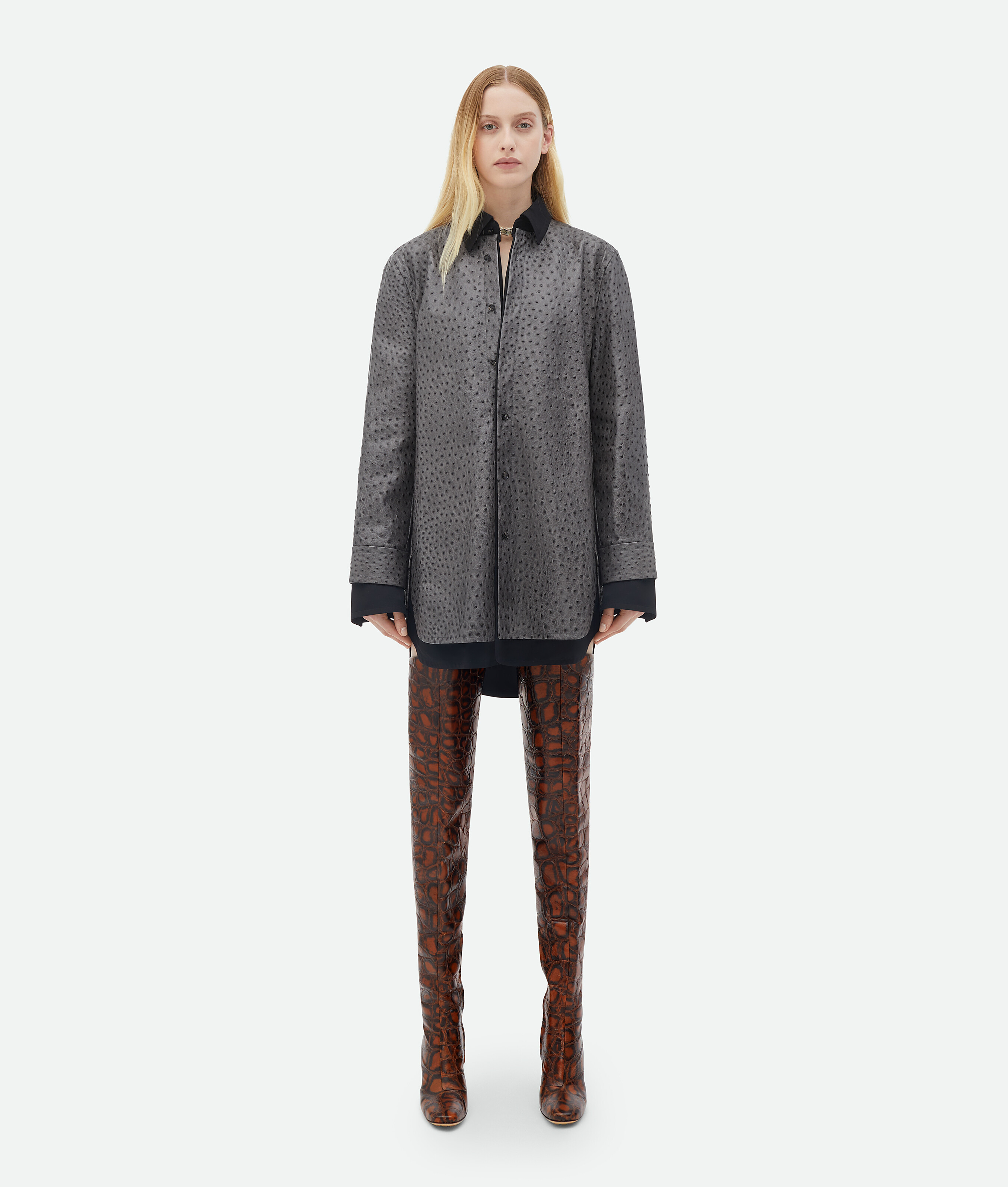 Bottega Veneta Ostrich-effect Leather Double Shirt Dress In Grey
