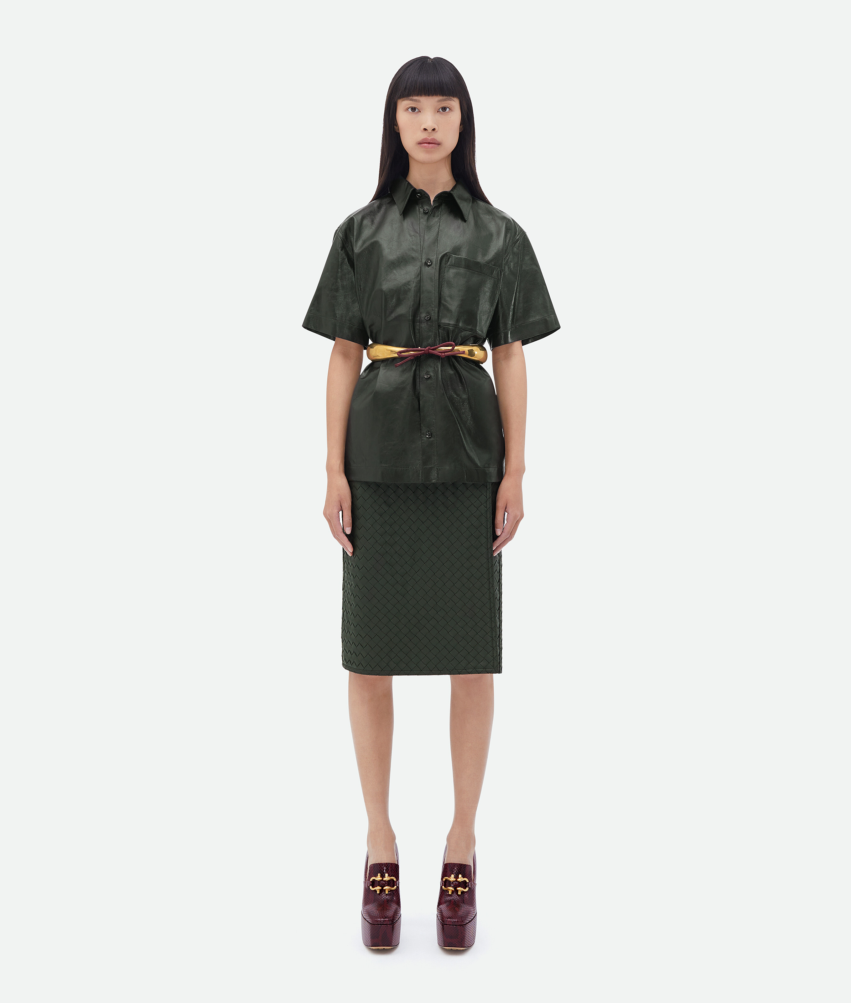 Shop Bottega Veneta Intrecciato Leather Skirt In Green
