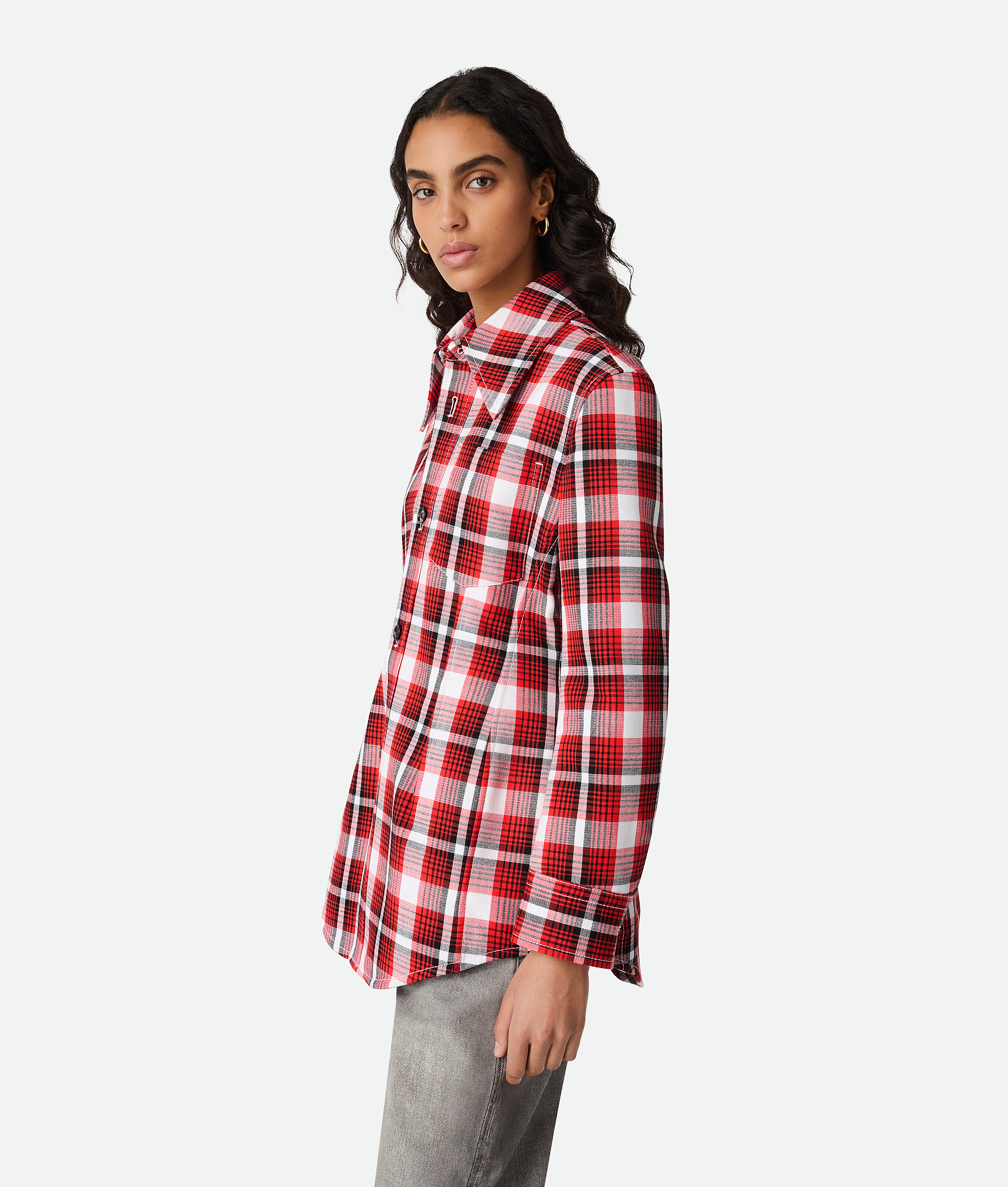 Bottega Veneta Structured Cotton Check Jacket In Tomato/chalk/black