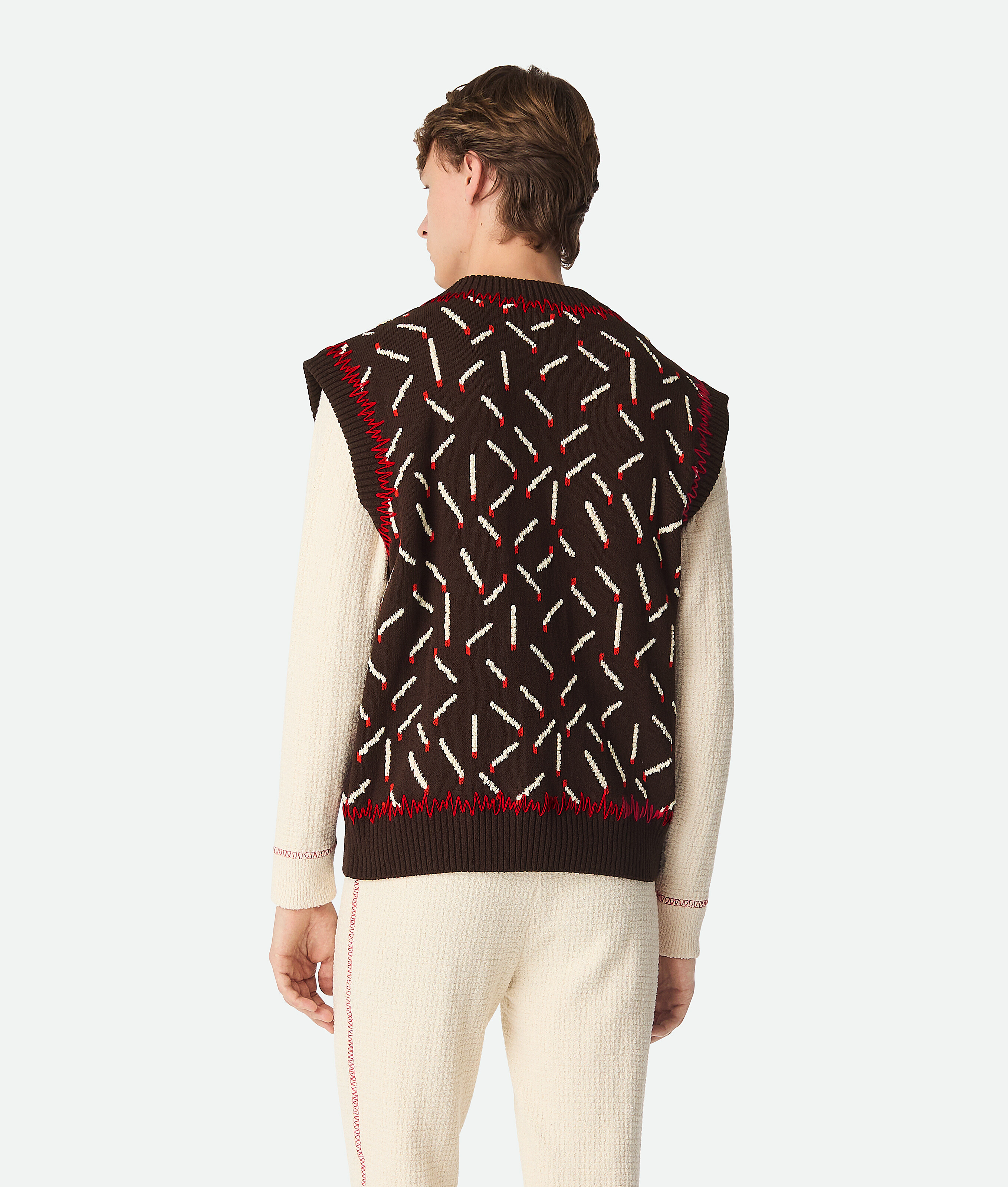 Bottega Veneta Men Brown Jacquard Vest With Matchstick Pattern In Ebony/chalk/tomato