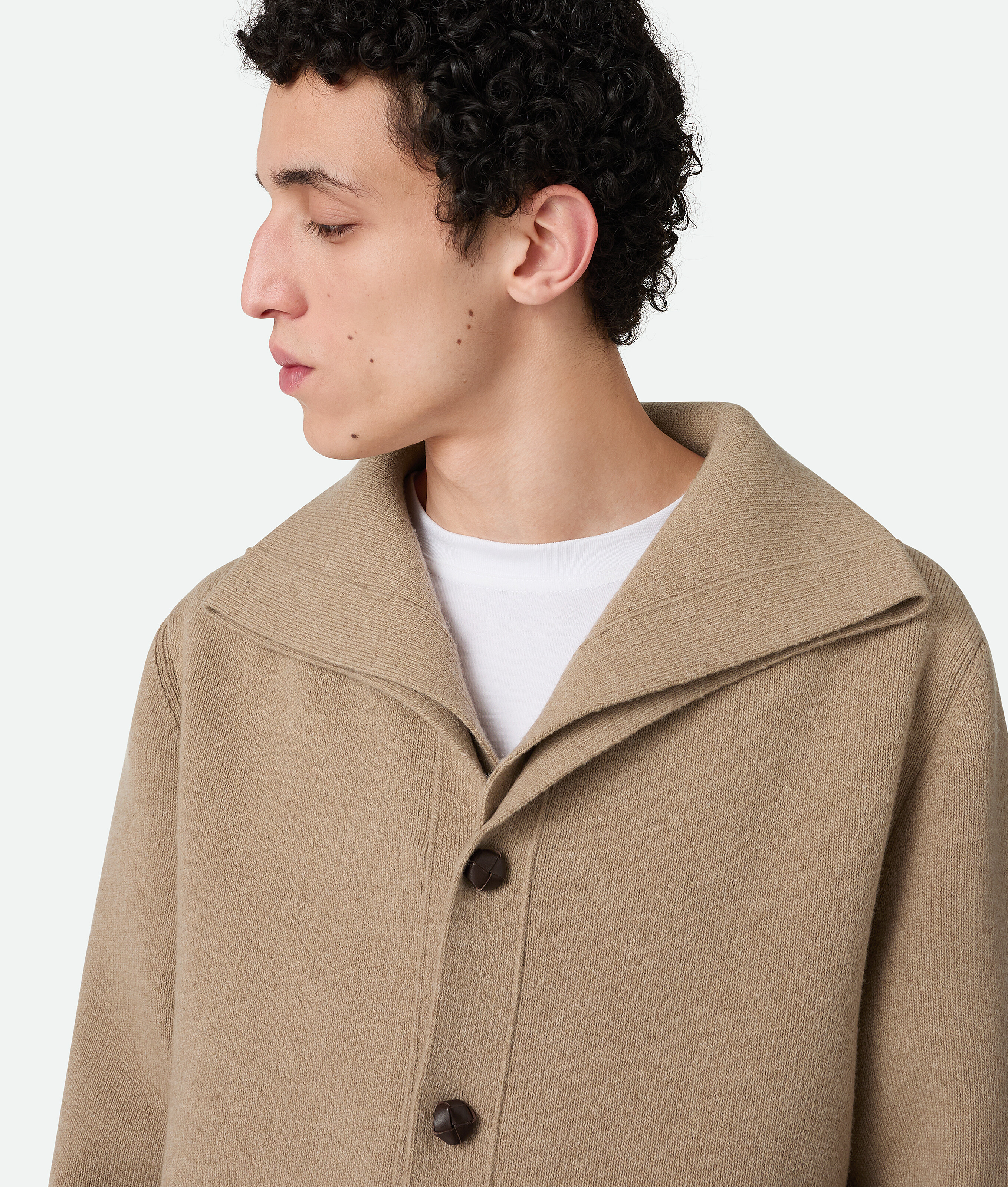 Bottega Veneta Wool Cardigan With Folded Collar And Ribbed Cuffs In Neutral