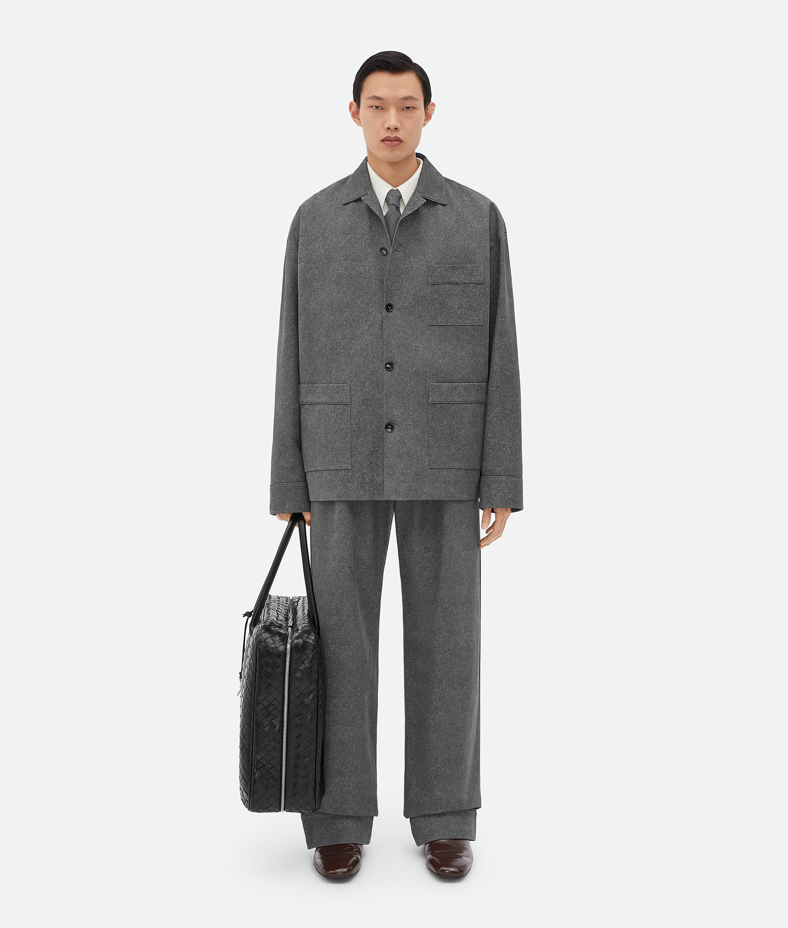 Bottega Veneta Printed Leather Flannel Trousers In Grey