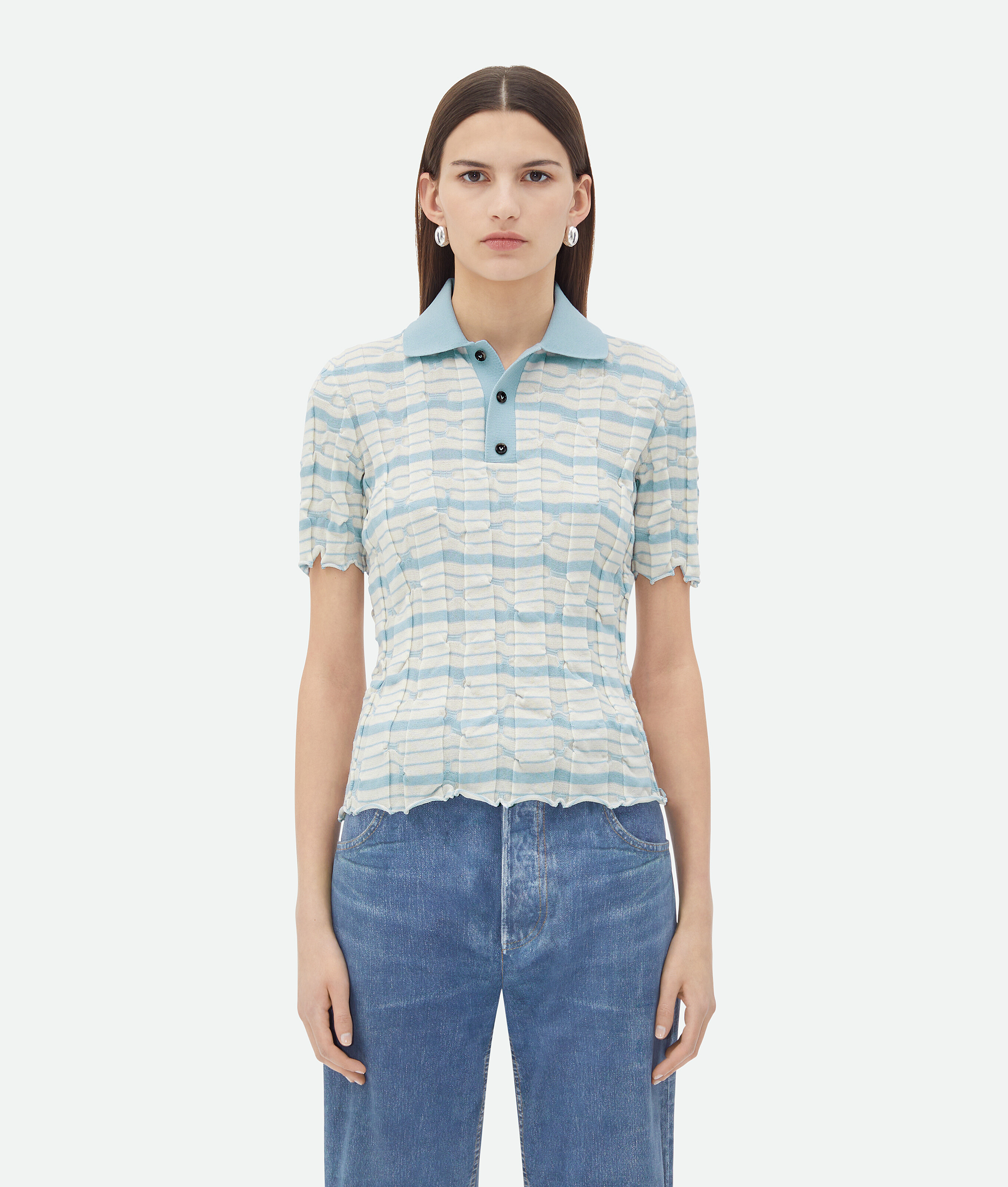 Bottega Veneta Distorted Stripe Cotton Polo In White
