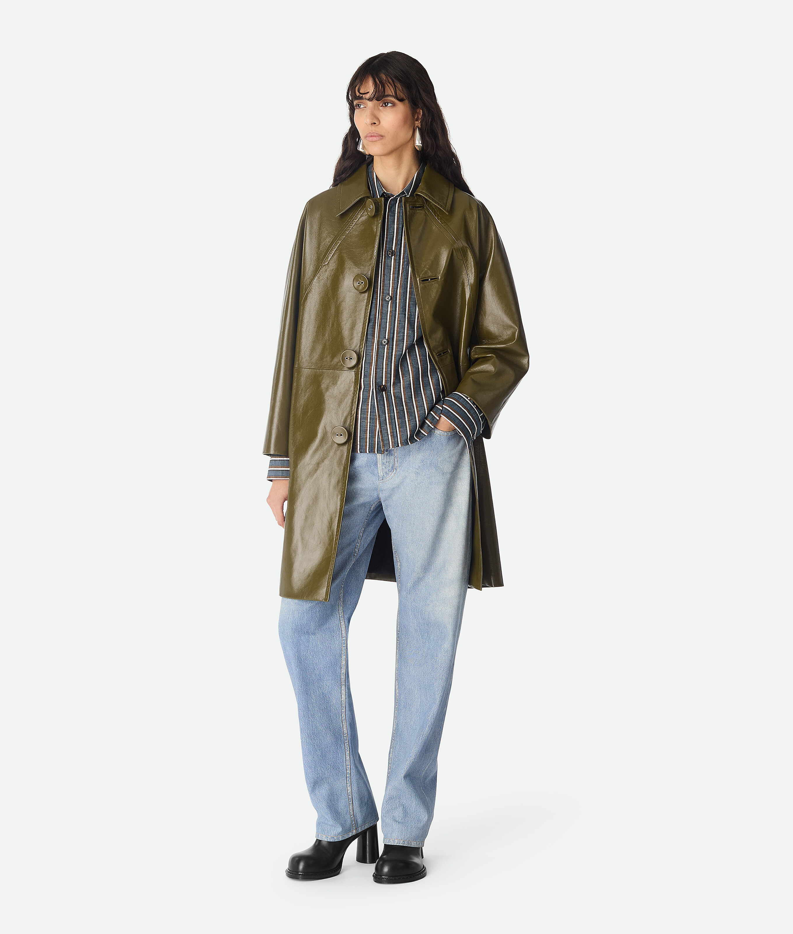 Bottega Veneta Shiny Leather Coat - Olive Oil - Woman - 4 - Lambskin