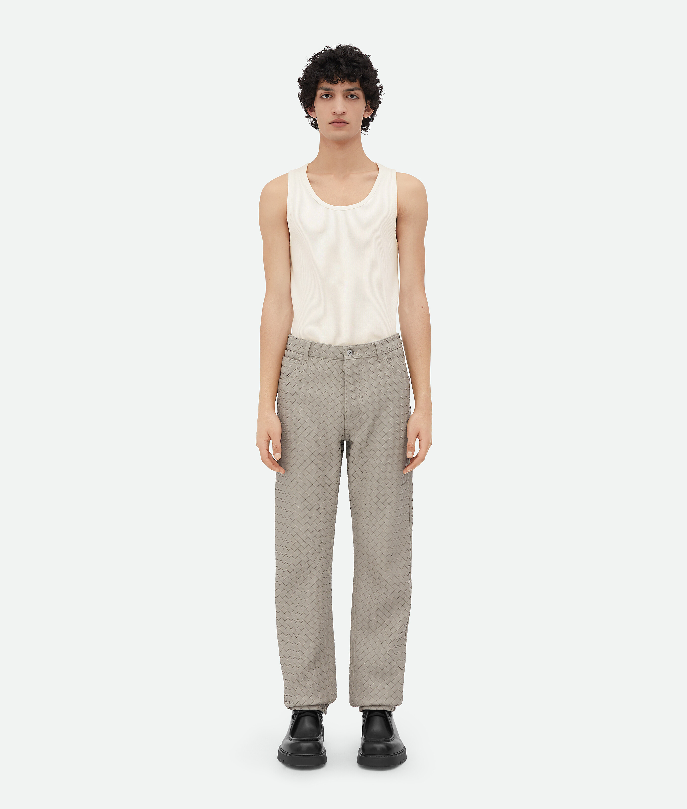 Bottega Veneta Pantalon Droit En Cuir Intrecciato In Metallic Mist