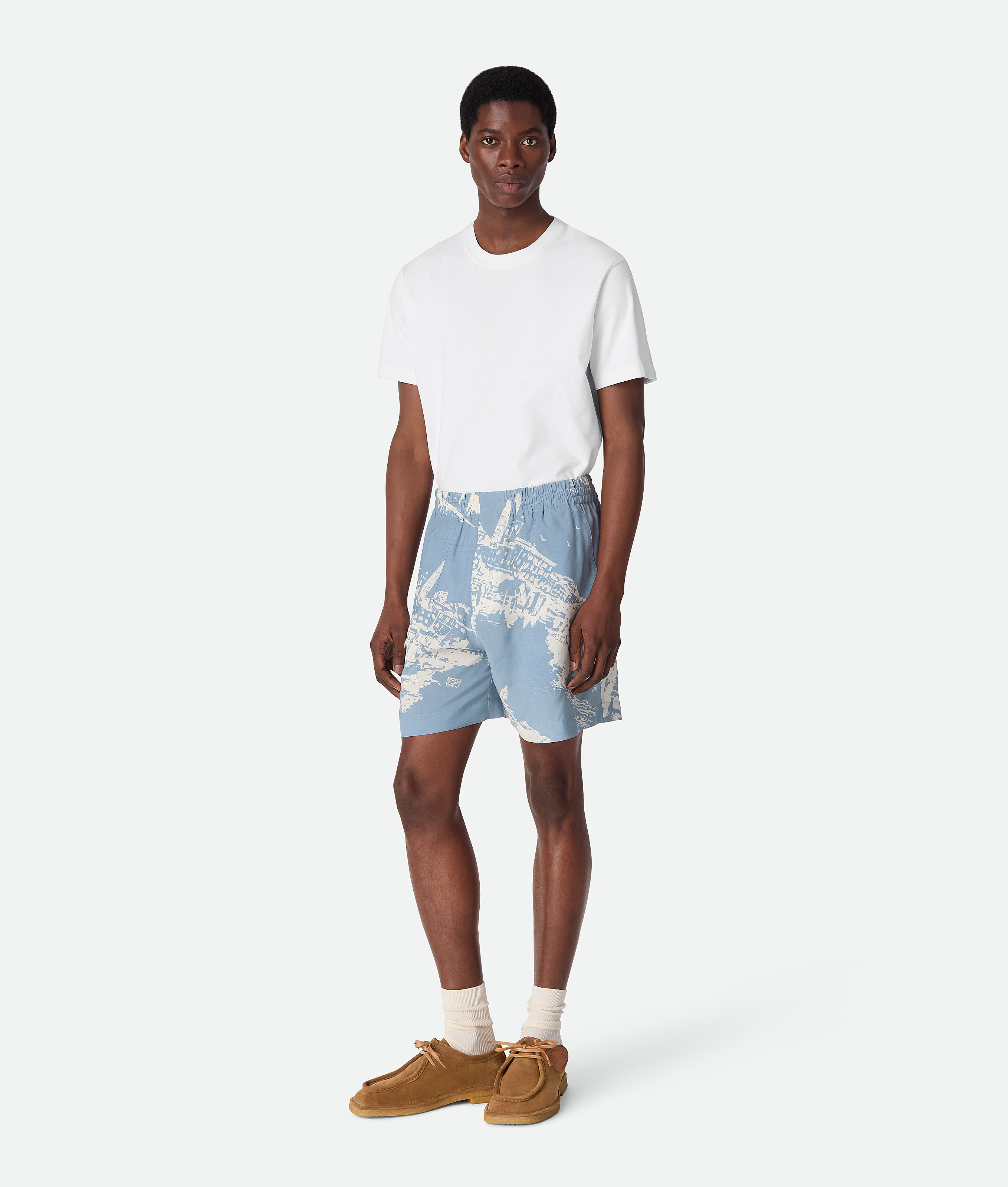 Bottega Veneta Italian Postcard Silk Shorts - Blue/dove - Man - 48 - Silk & Cotton