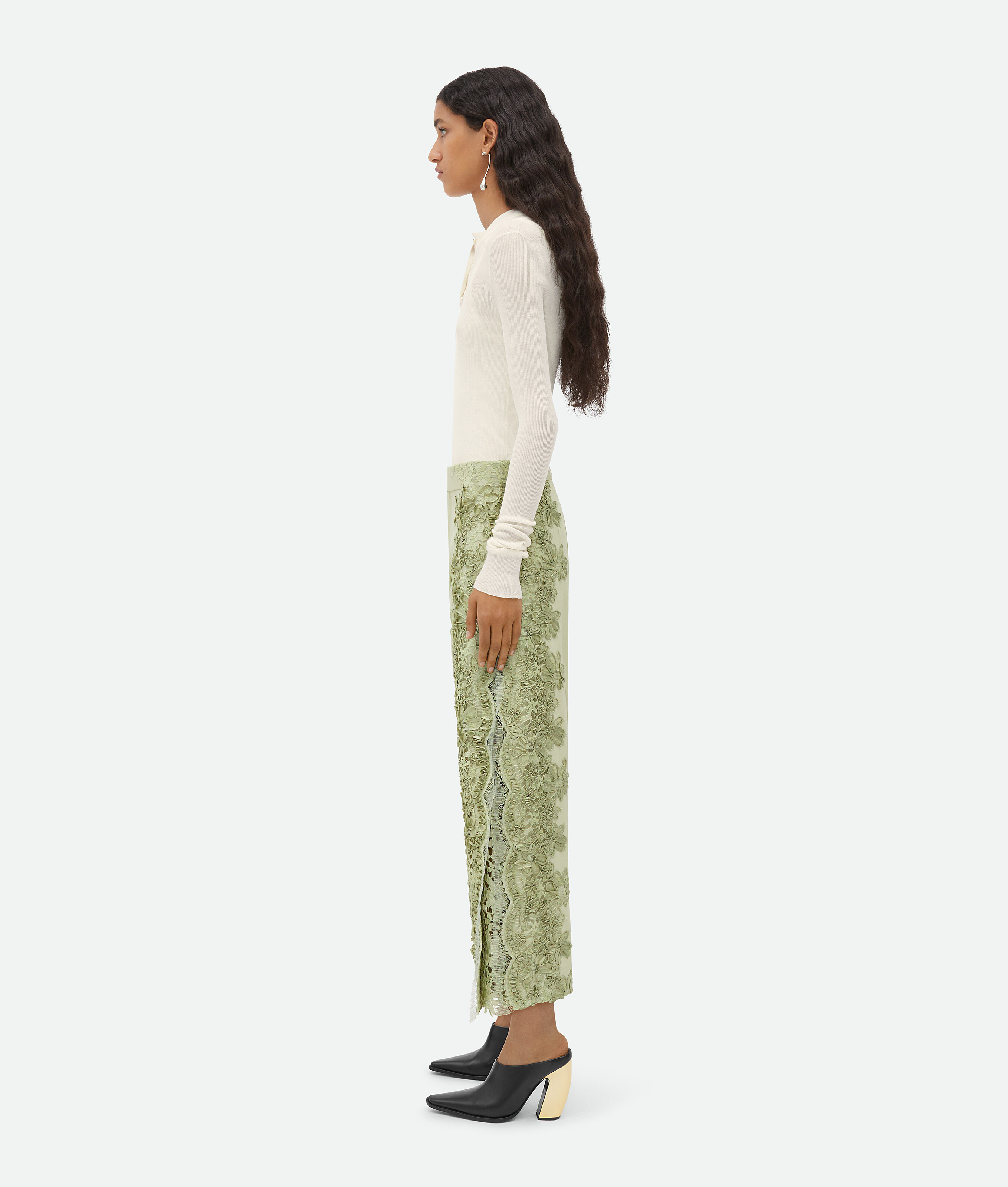 Shop Bottega Veneta Viscose Cropped Pants With Lace Embroidery In Green