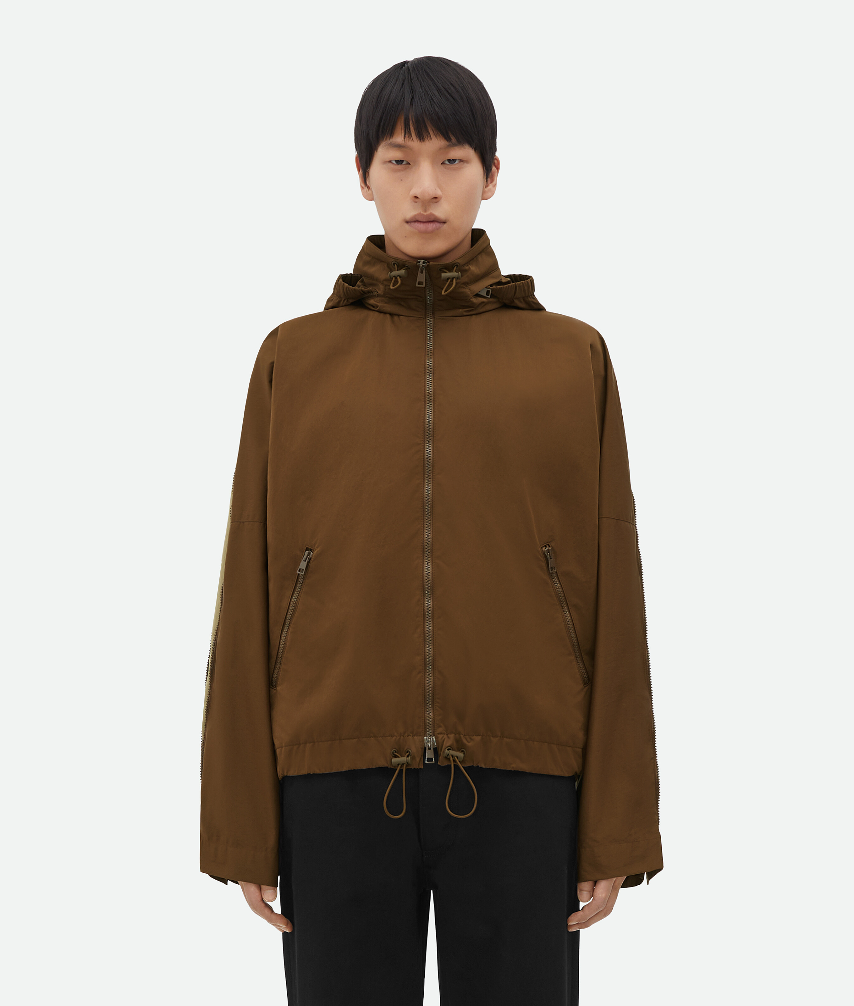 Bottega Veneta Contrasting Zipper Tech Nylon Jacket In Brown