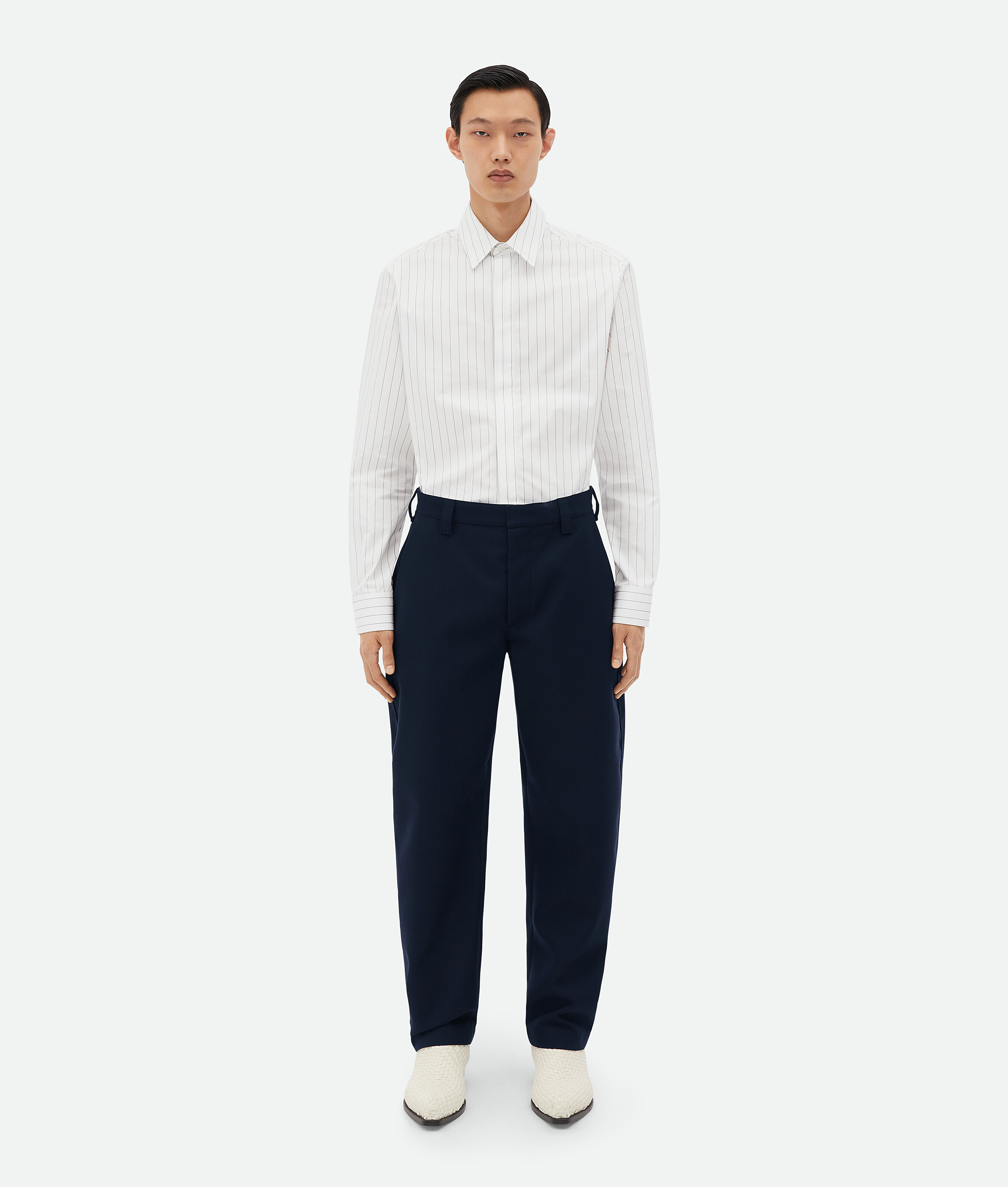 Bottega Veneta Bonded Wool And Cotton Tapered Trousers In Blue
