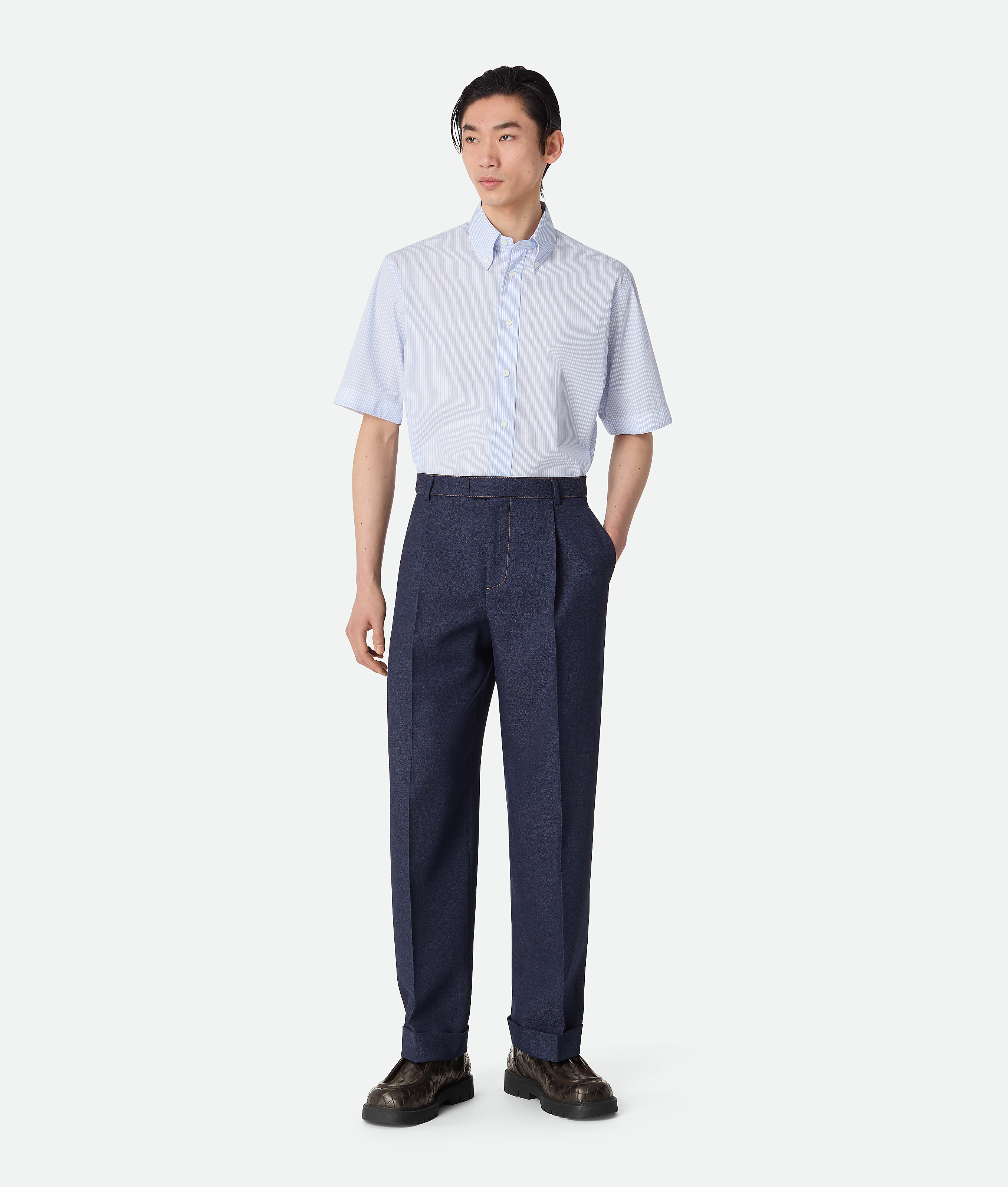 Bottega Veneta Melange Wool Drill Trousers - Dark Indigo - Man - 50 - Wool