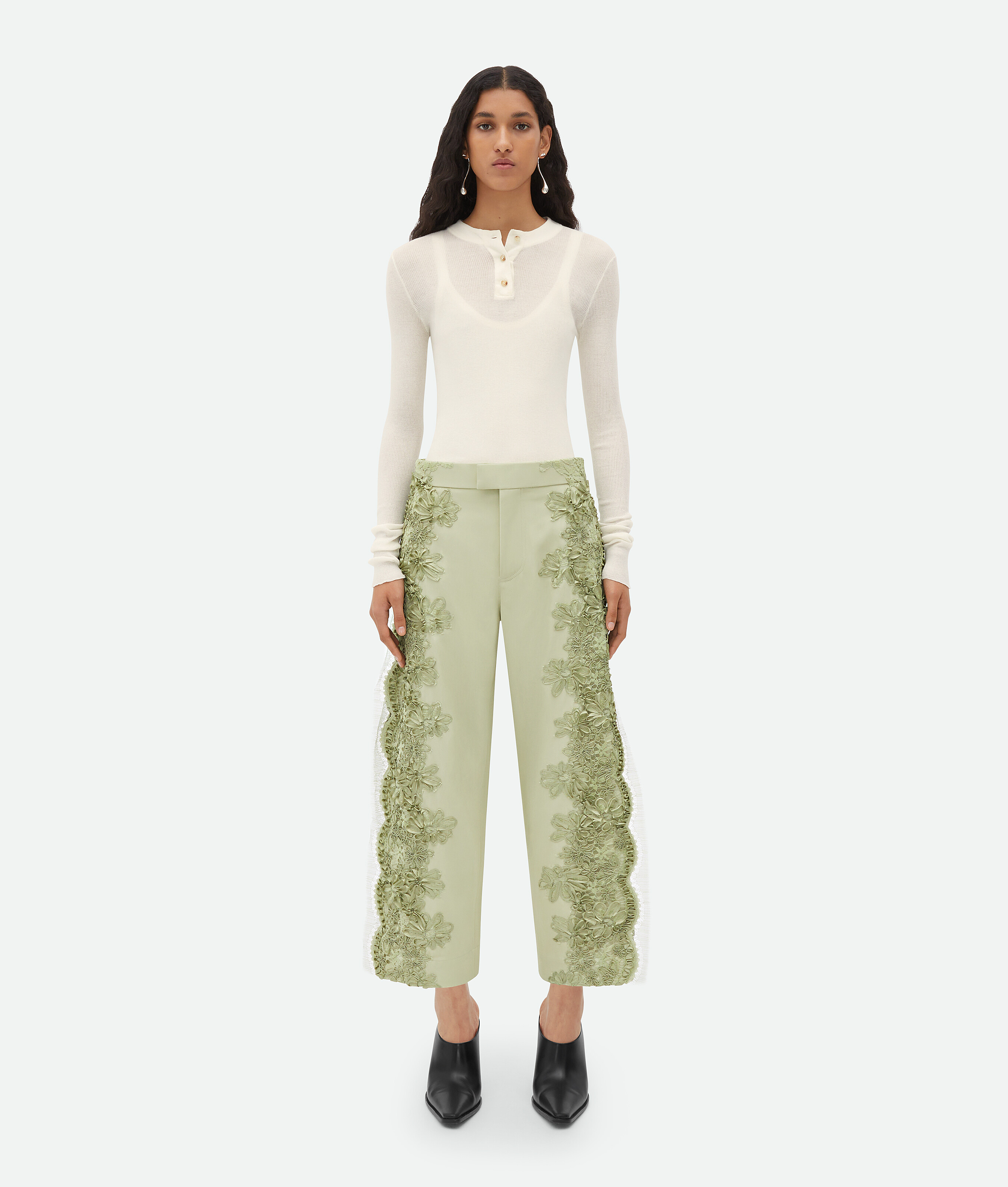 Bottega Veneta Lace Embroidered Viscose Trousers In Green