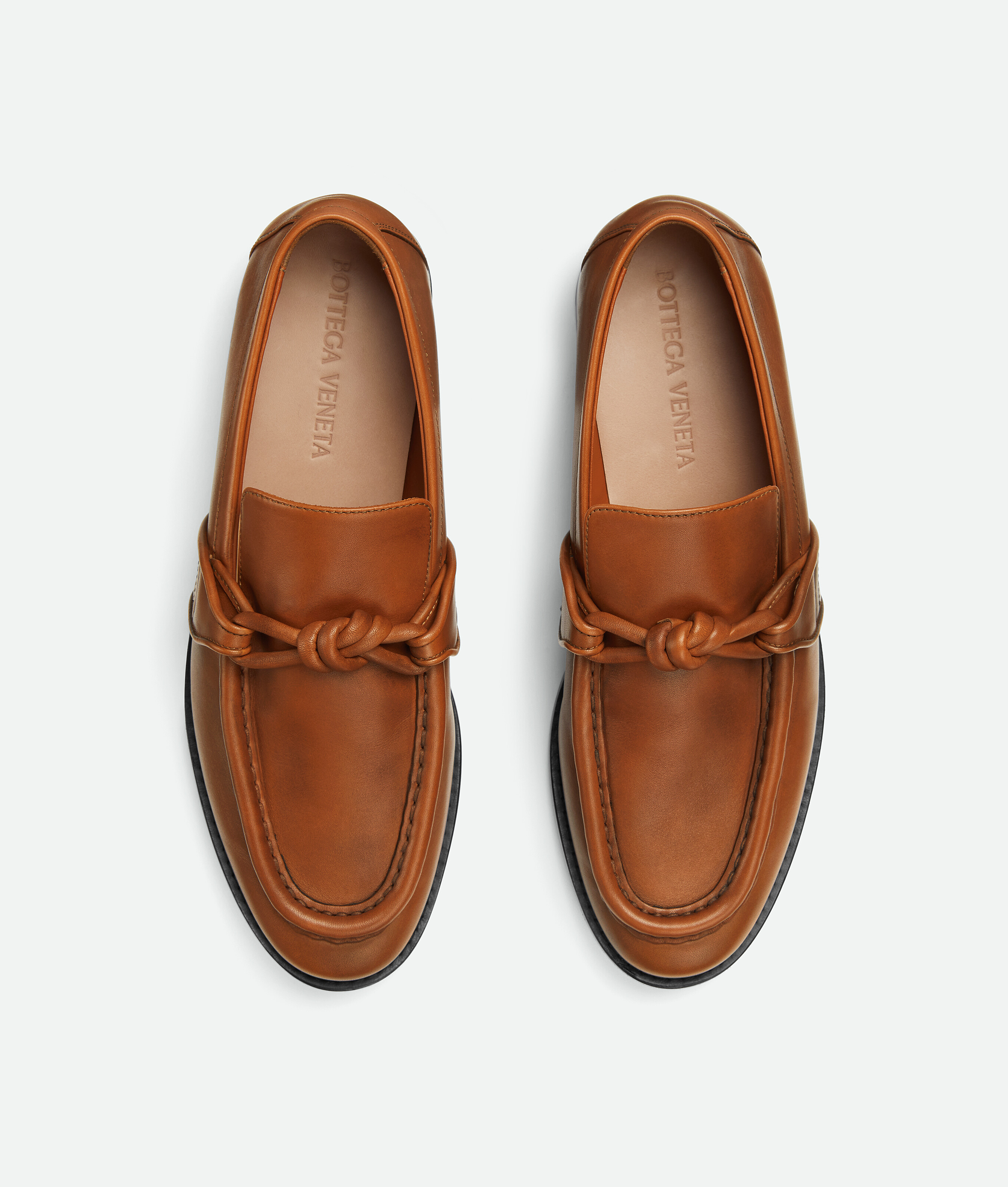 Bottega Veneta Leather Astaire Loafers Knot Detail In Light Wood
