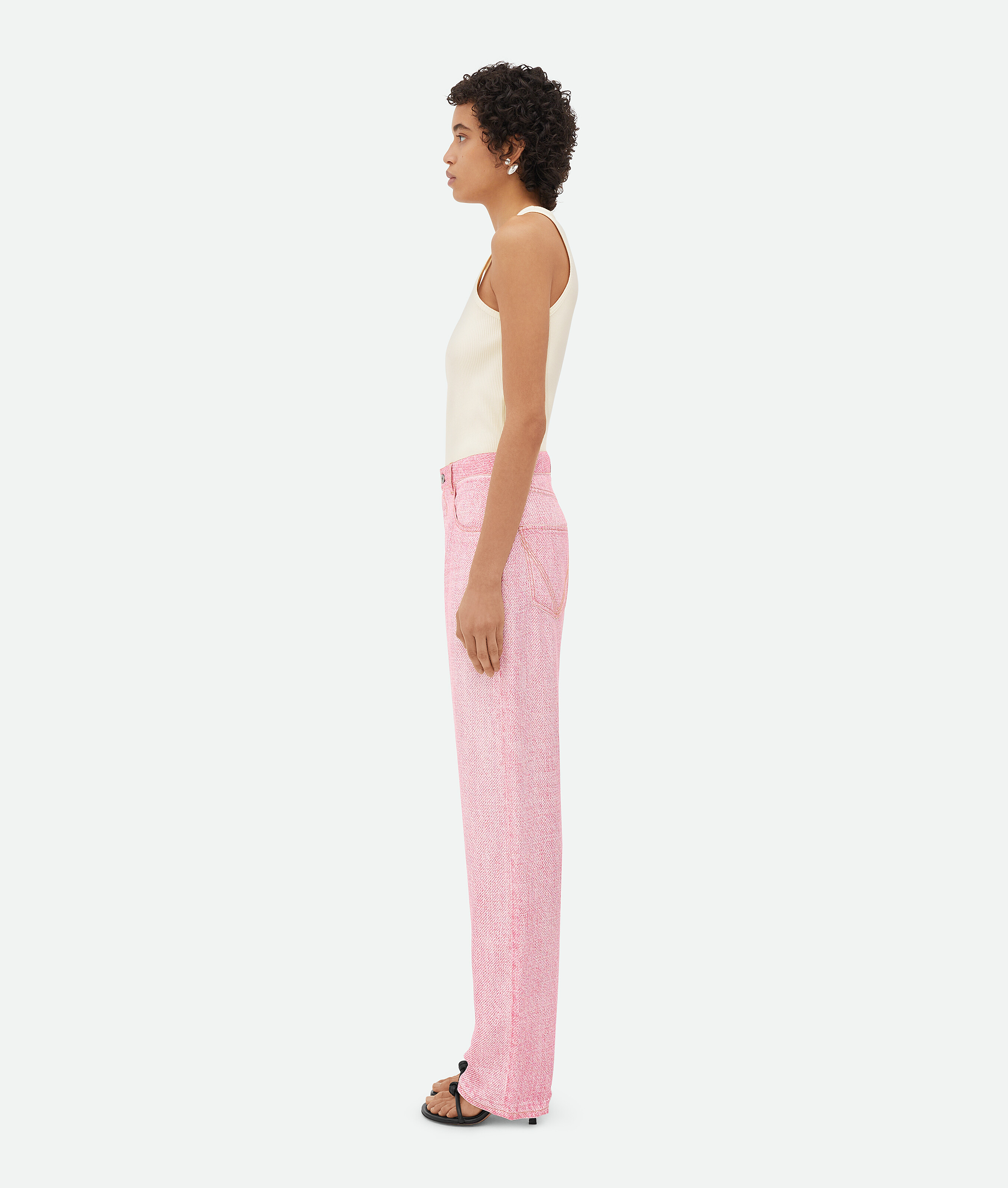 Shop Bottega Veneta Printed Denim Viscose Trousers In Pink