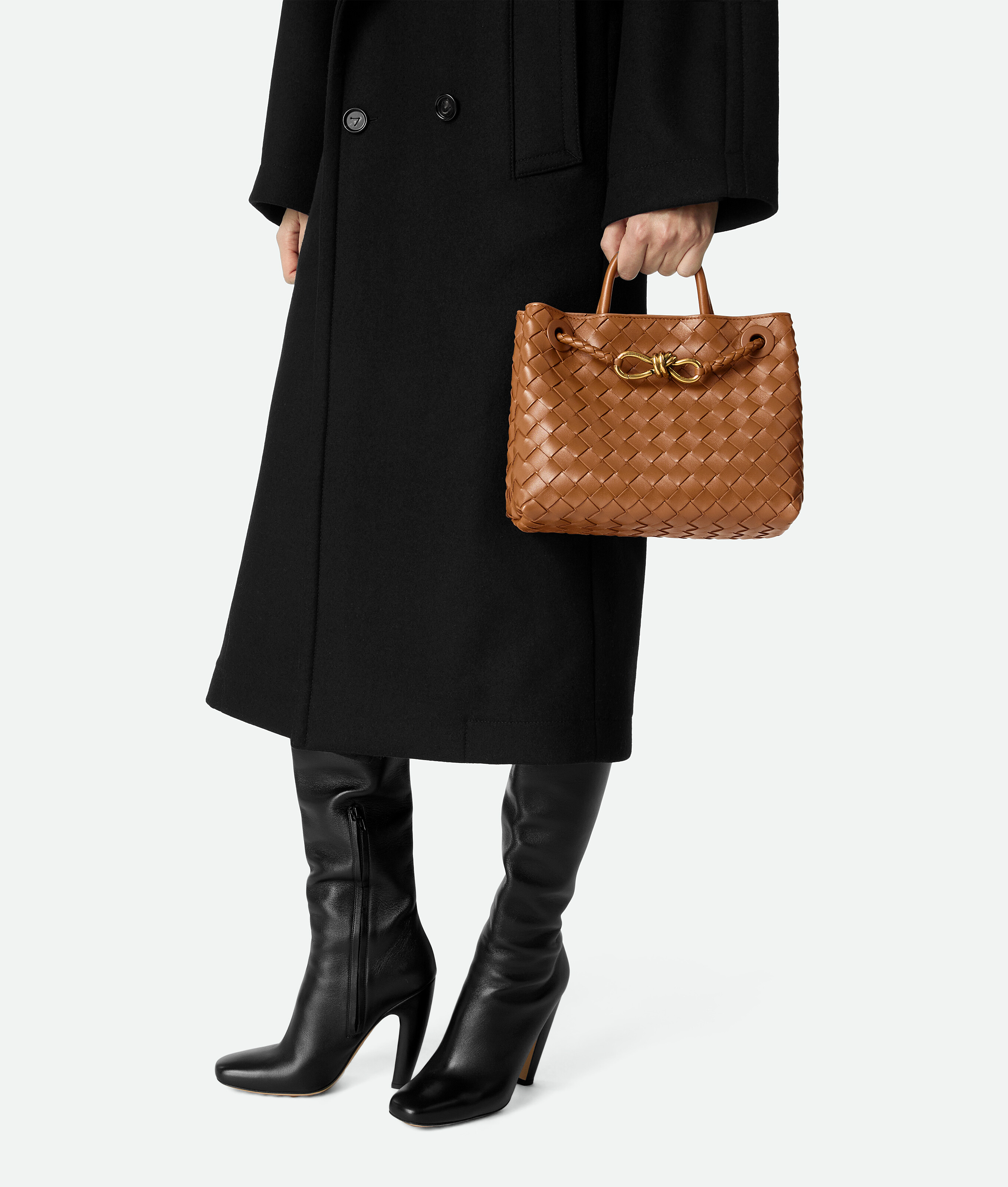 Bottega Veneta Andiamo Intrecciato Woven Leather Small Shoulder Bag In Brown